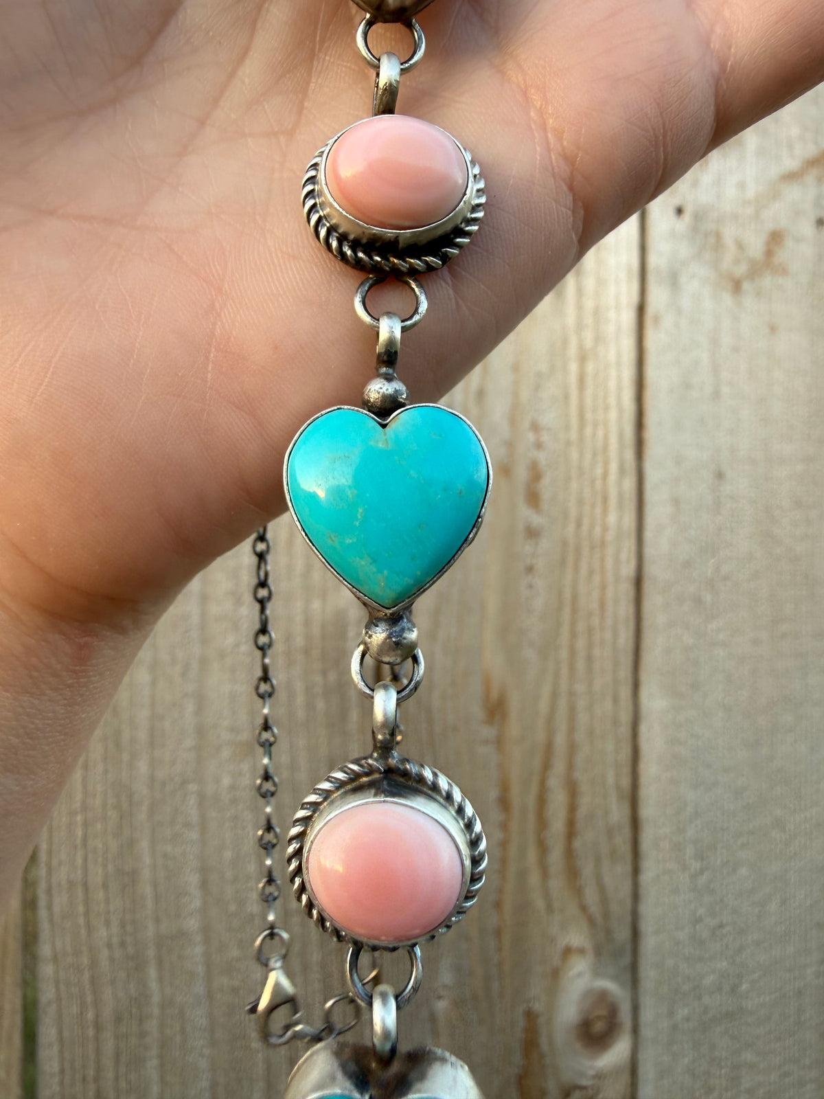 Navajo Pink Conch and Turquoise Heart Lariat Sterling Silver Handmade Necklace by Vicky Hicks