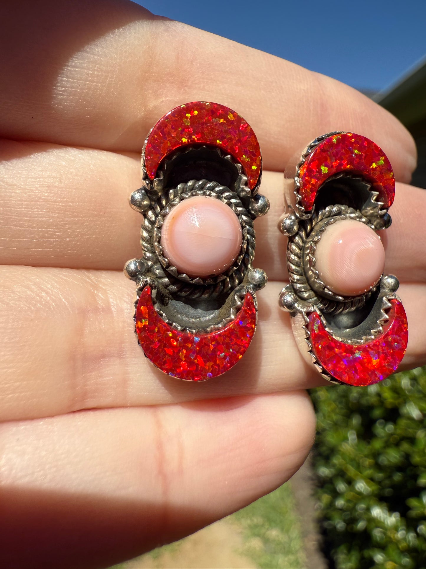 Pink Conch And Red Balloon Opal Moon Sterling Silver Stud Earring