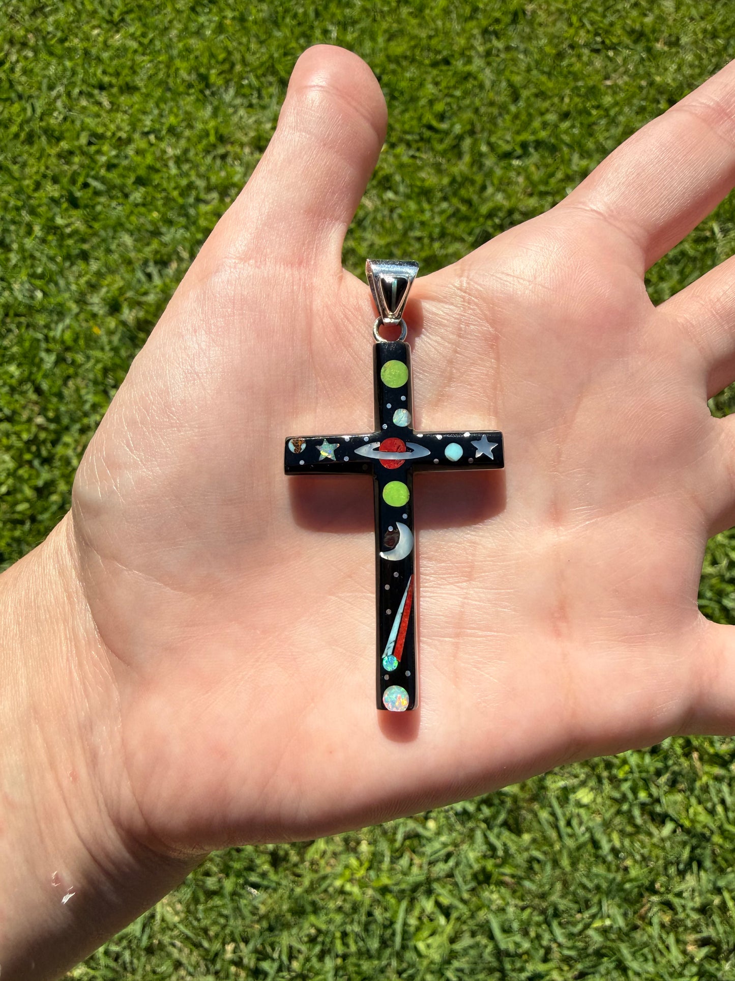 Space Multi Stone Inlayed Cross Sterling Silver Statement Pendant