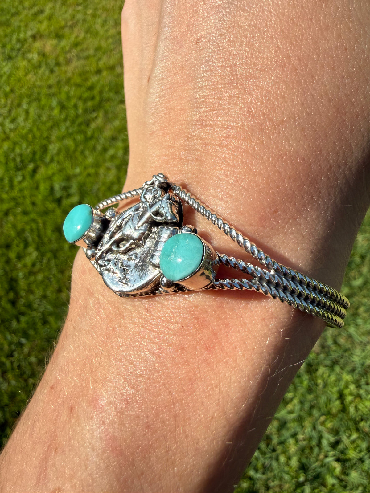 Navajo Turquoise Barrel Racer Horse Sterling Silver Cuff Bracelet