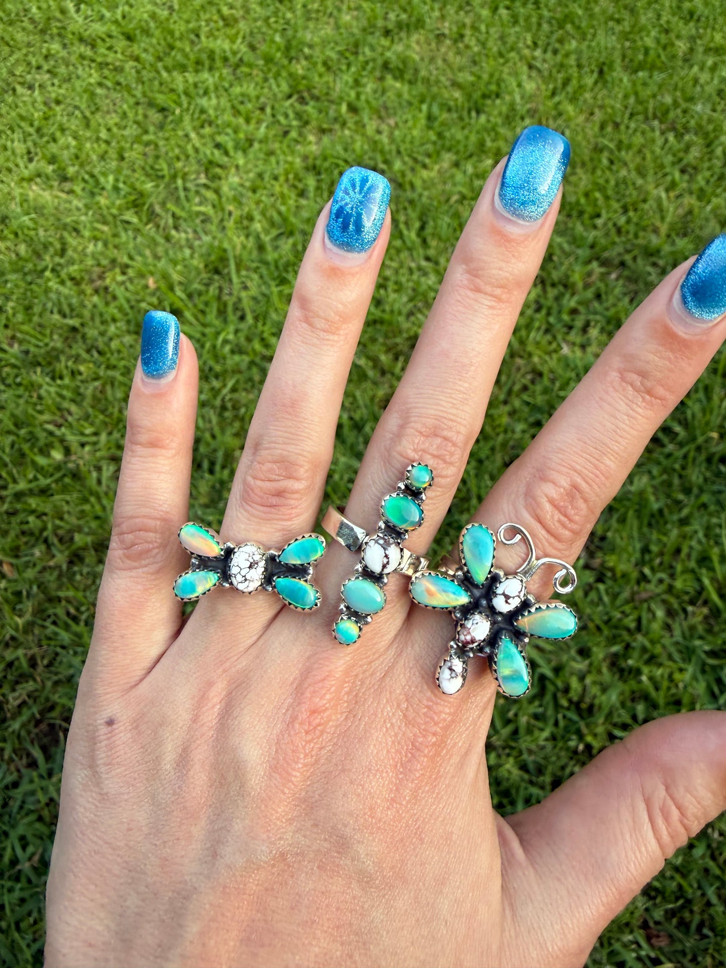 Wild Horse and Green Balloon Opal Sterling Silver Adjustable Rings