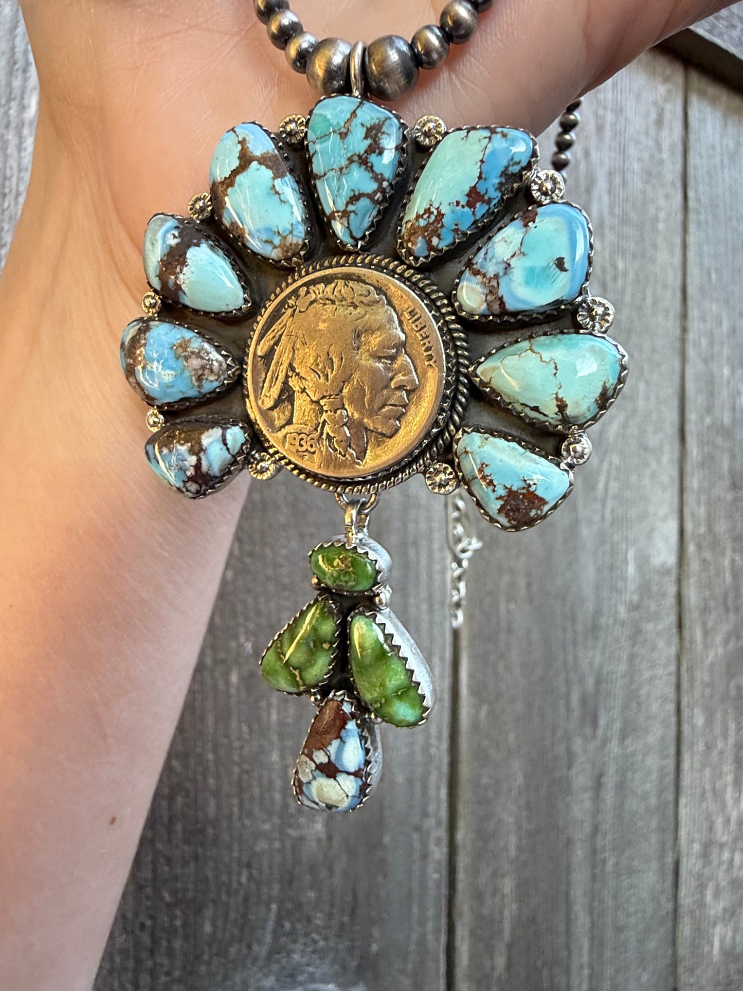 Liberty Coin Golden Hills and Sonoran Gold Turquoise Statement Sterling Silver Necklace