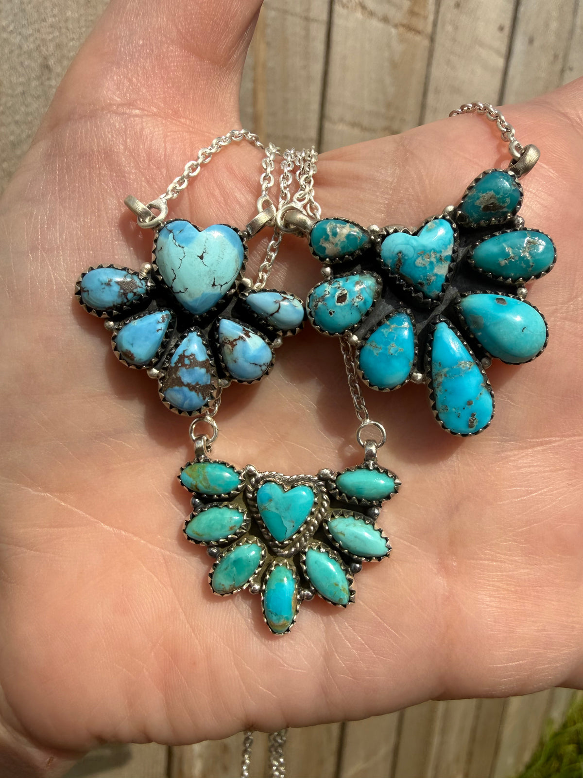Premium Turquoise Heart Half Cluster Sterling Silver Necklace