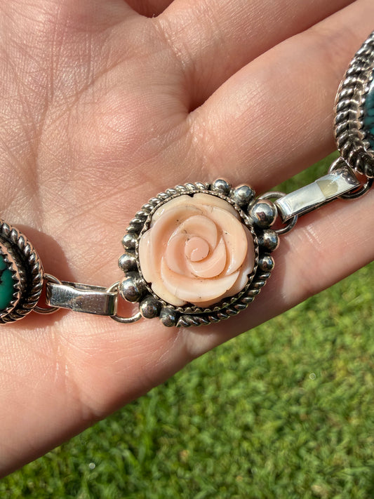 Navajo Kingman Turquoise and Pink Conch Carved Flower Sterling Silver Choker Necklace
