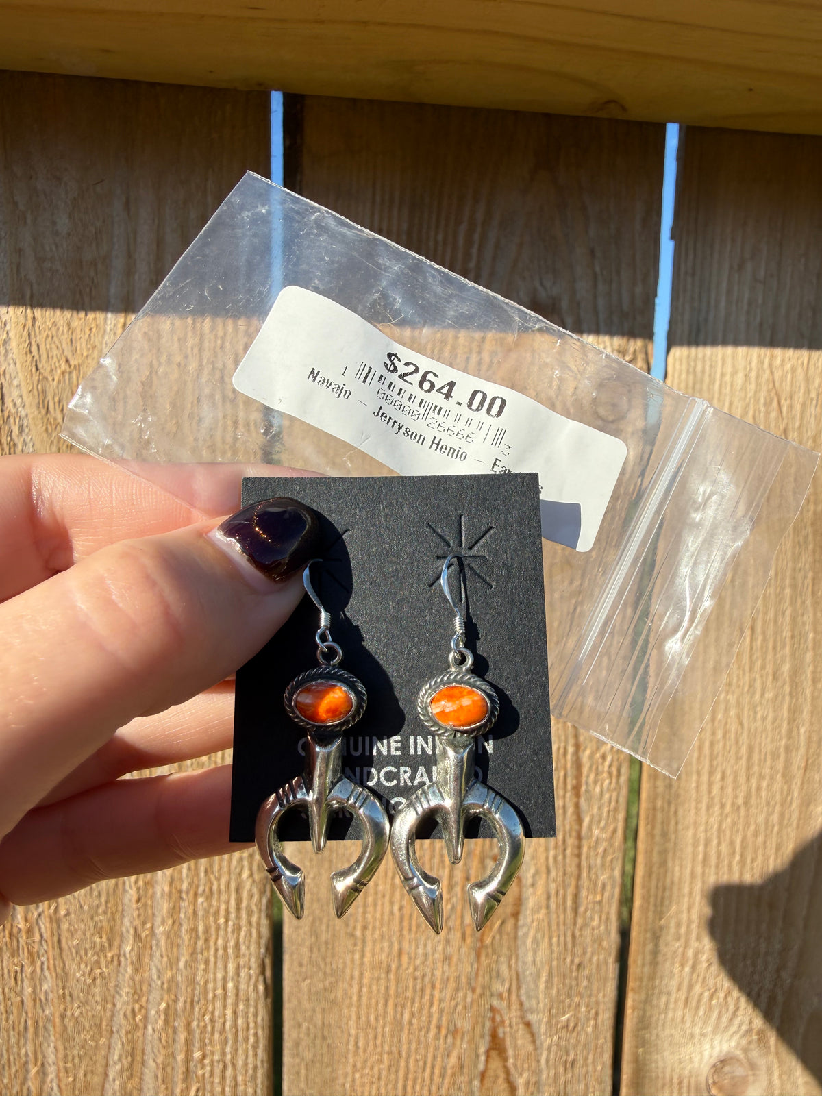 Navajo Orange Spiny Naja Sterling Silver Dangle Earrings