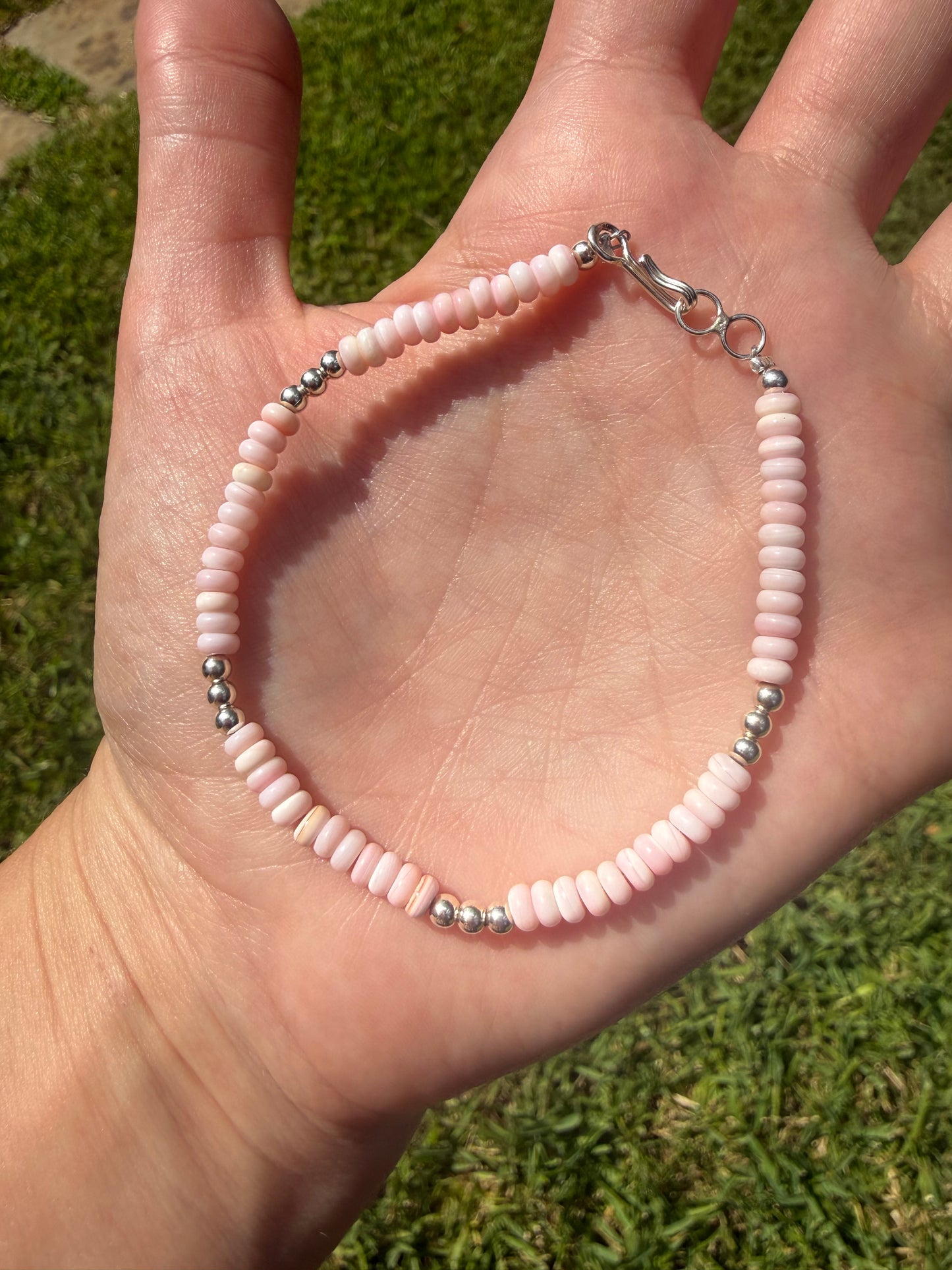 Navajo Strung Pink Conch and Sterling Silver Pearl Bracelet