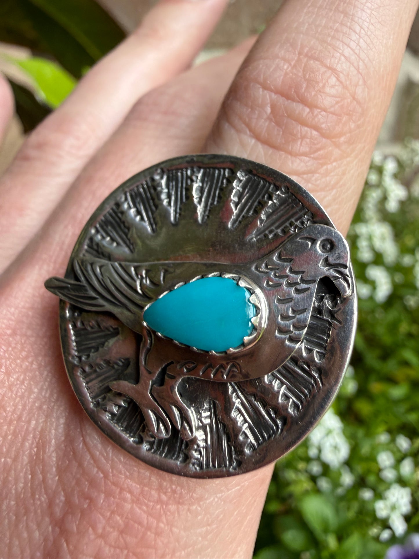 Bird with Turquoise Coin Style Sterling Silver Ring - Size 7.5