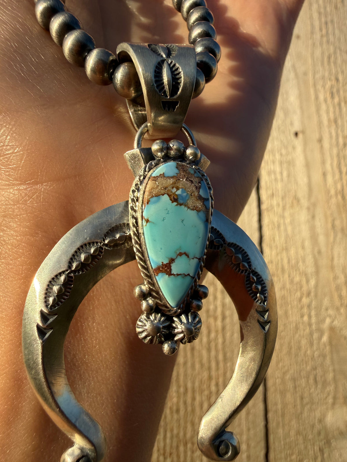 Navajo Golden Hills Turquoise Naja Sterling Silver with Desert Pearl Necklace