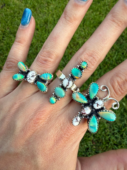 Wild Horse and Green Balloon Opal Sterling Silver Adjustable Rings