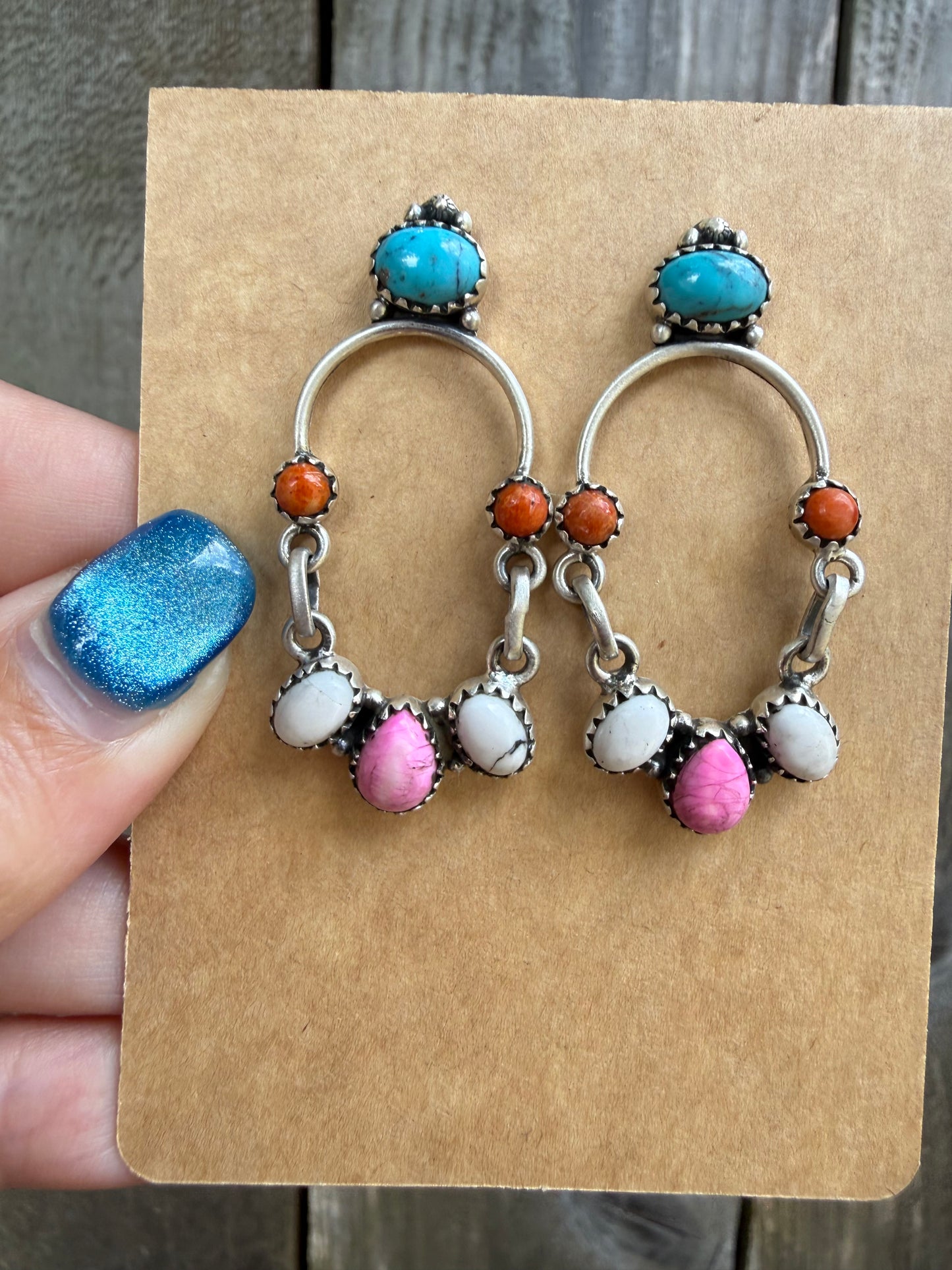 Turquoise Orange Mojave and Cotton Candy Unique Oval Earrings