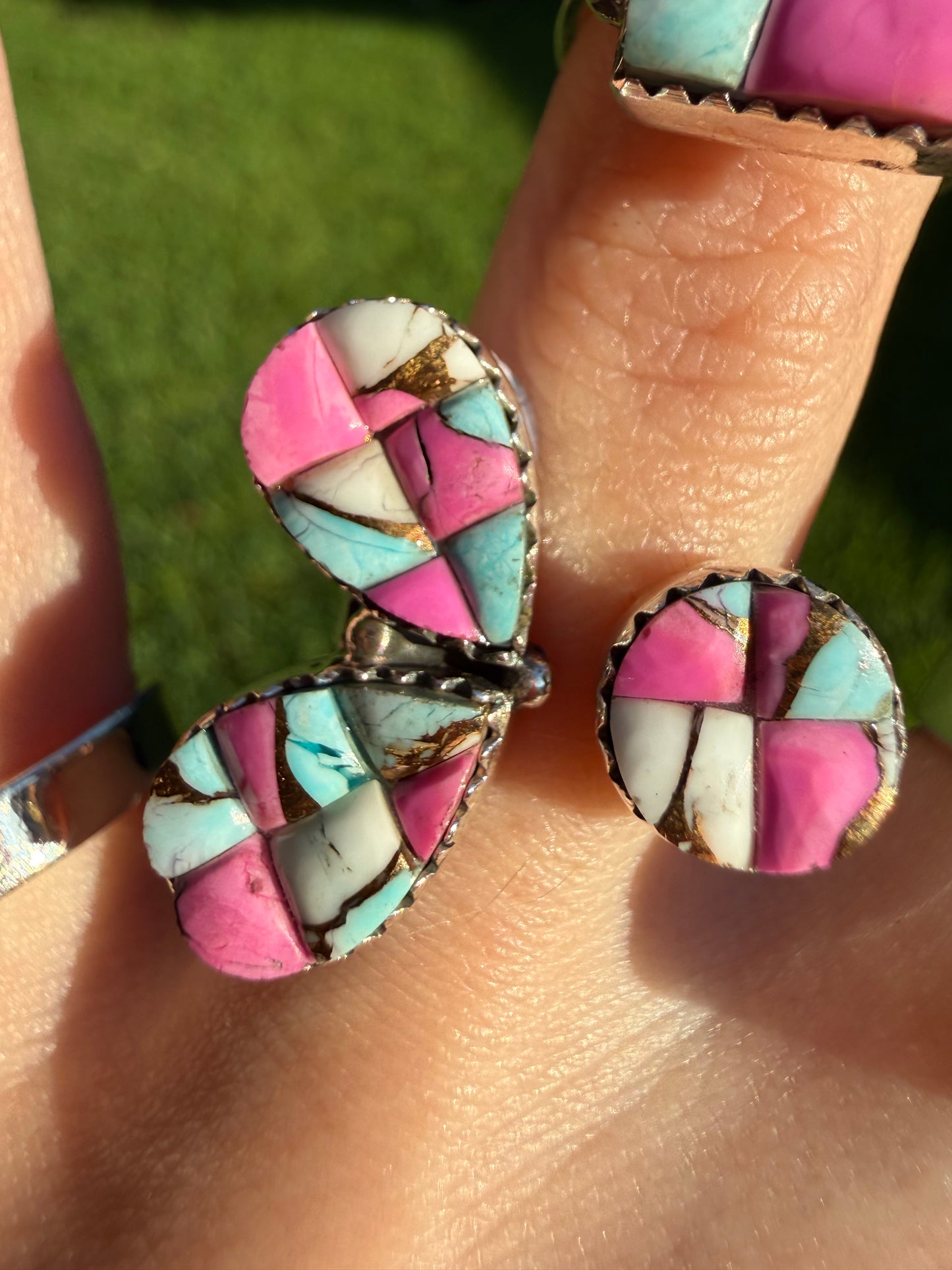 Cotton Candy Turquoise Cobblestone Sterling Silver Adjustable Rings