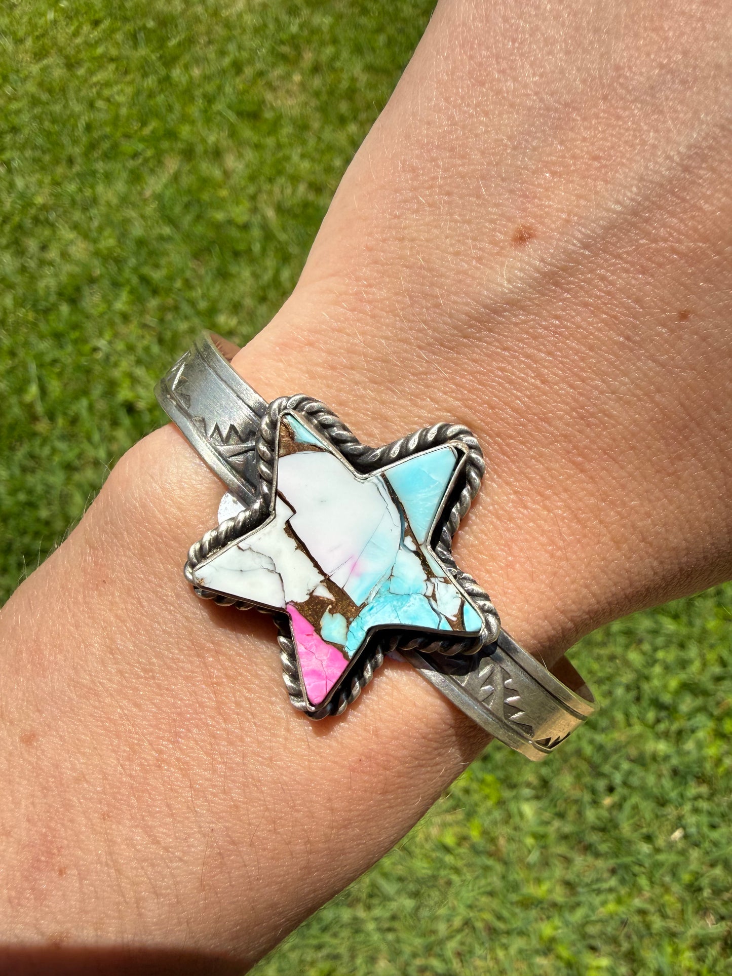 Navajo Cotton Candy Turquoise Star Sterling Silver Stamped Cuff Bracelet