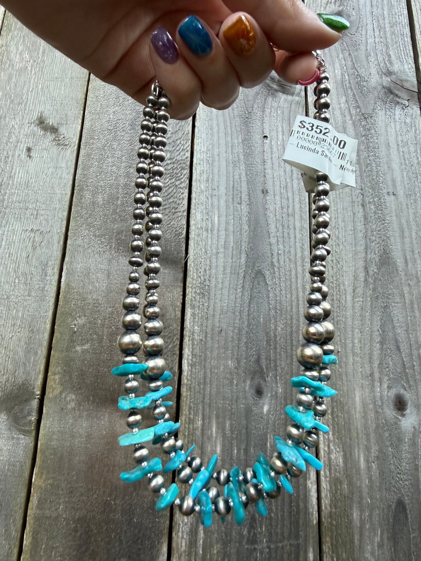 Navajo Strung Turquoise Chip with Sterling Silver Pearl Necklace