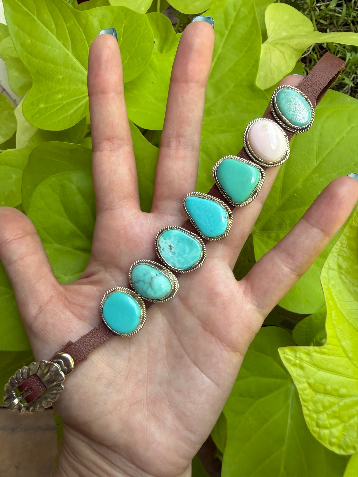 Navajo Turquoise and Pink Conch 7 Stone Sterling Silver And Leather Bracelet