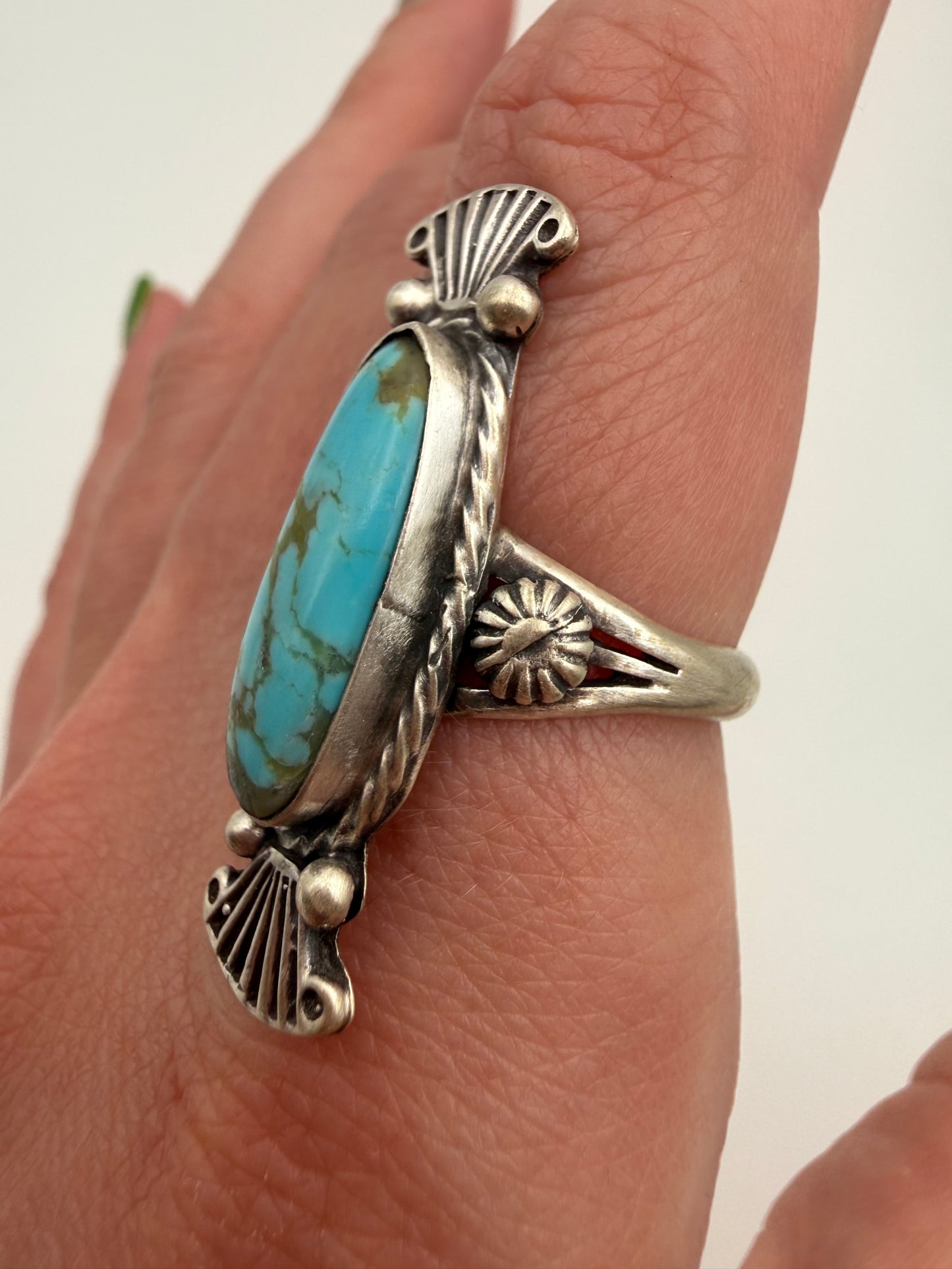 Native Turquoise Long Sterling Silver Ring Size 8 by