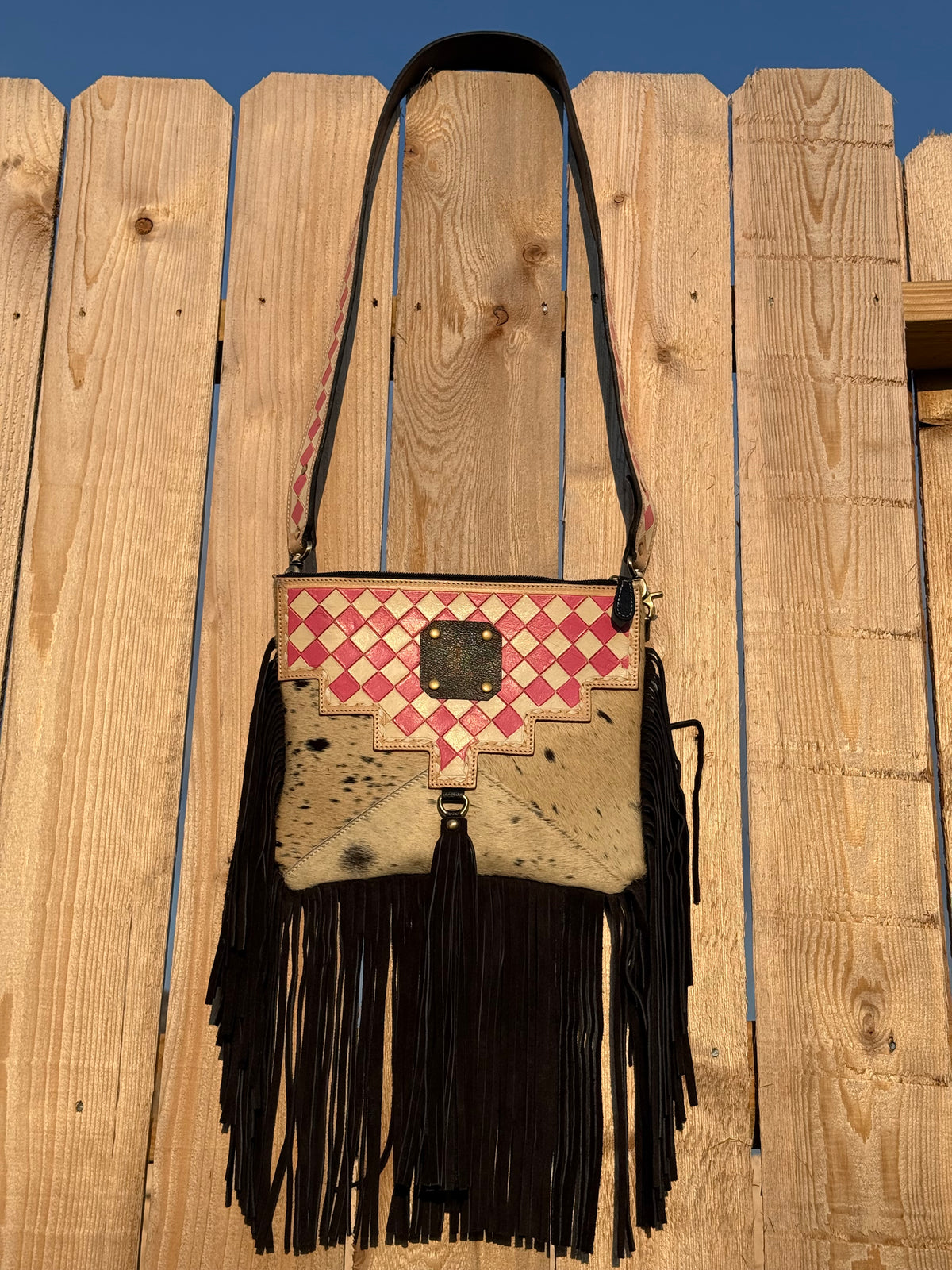 Upcycled LV Cowhide Leather Pink White Checkered Crossbody 