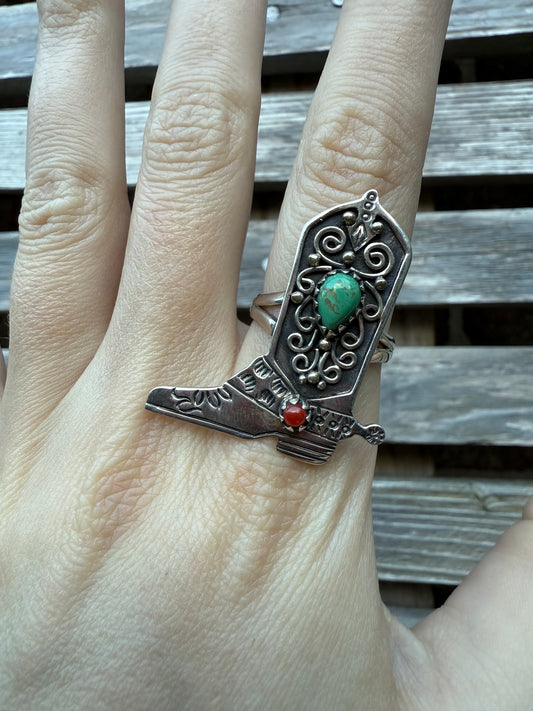 Turquoise and Coral Cowboy Boot Sterling Silver Ring - Size 9