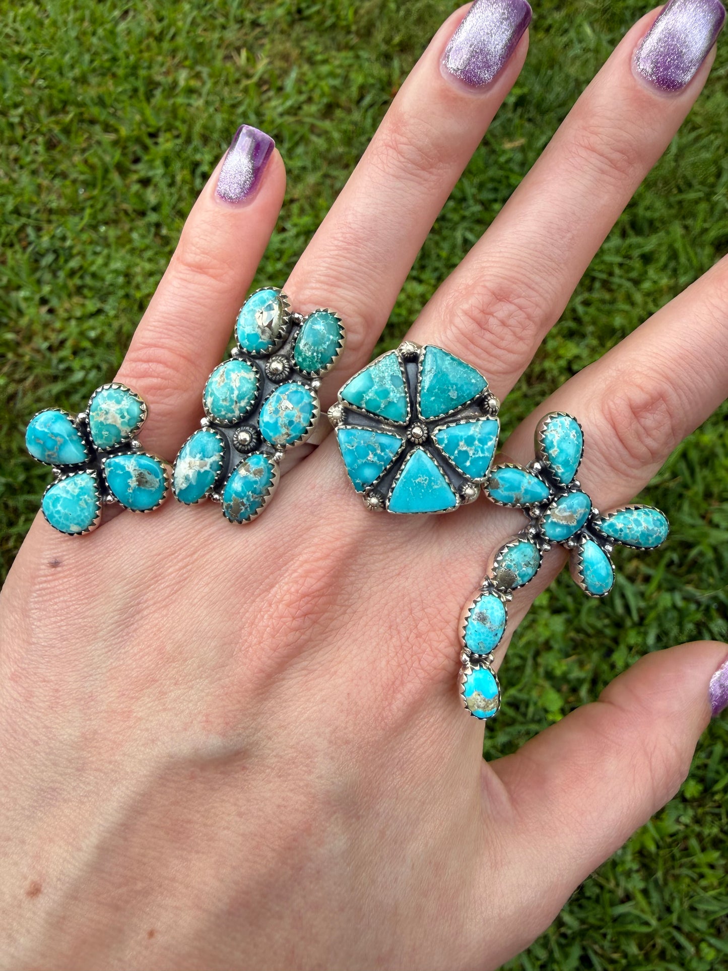 Whitewater Turquoise Cluster Sterling Silver Adjustable Ring