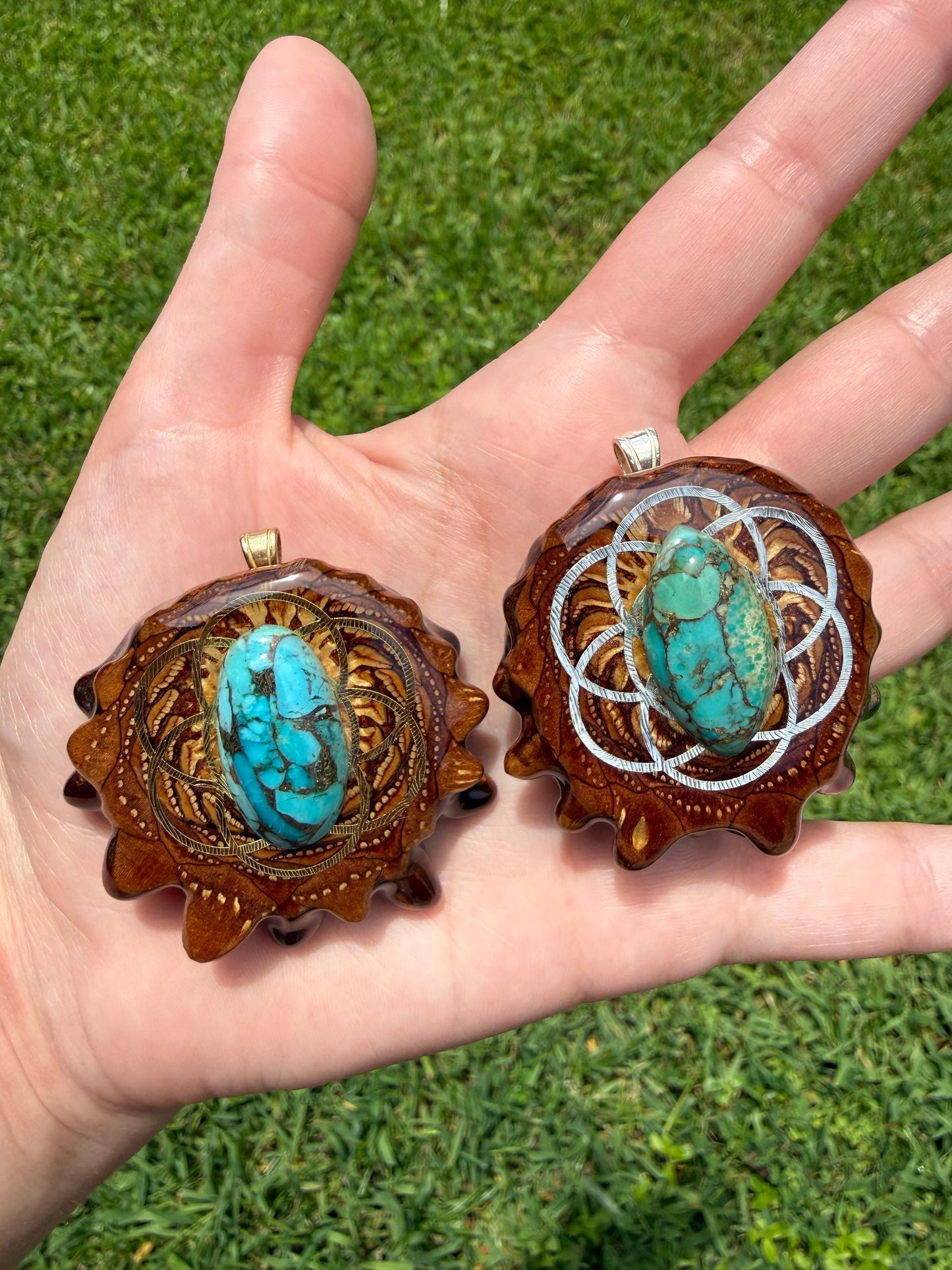Blue Mohave Turquoise with Seed of Life Pinecone Pendant Necklace