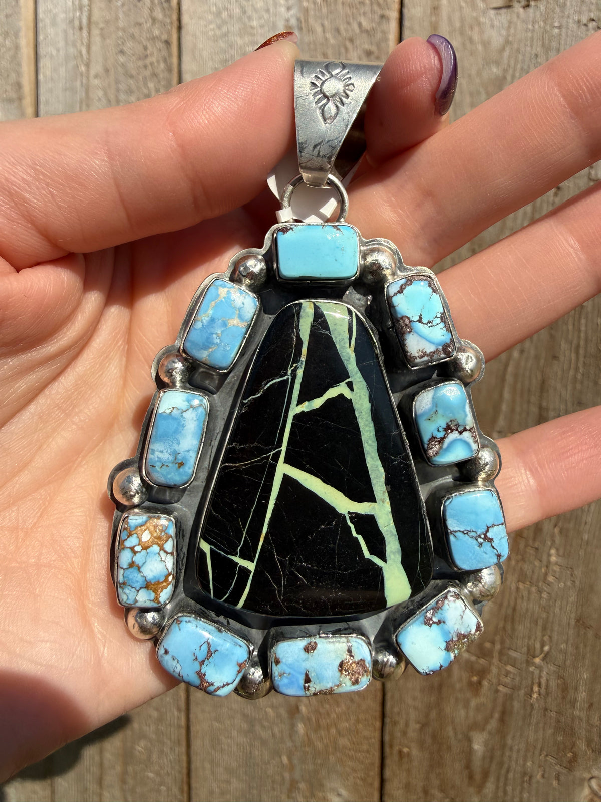 Navajo Blackjack and Golden Hills Big Cluster Sterling Silver Pendant