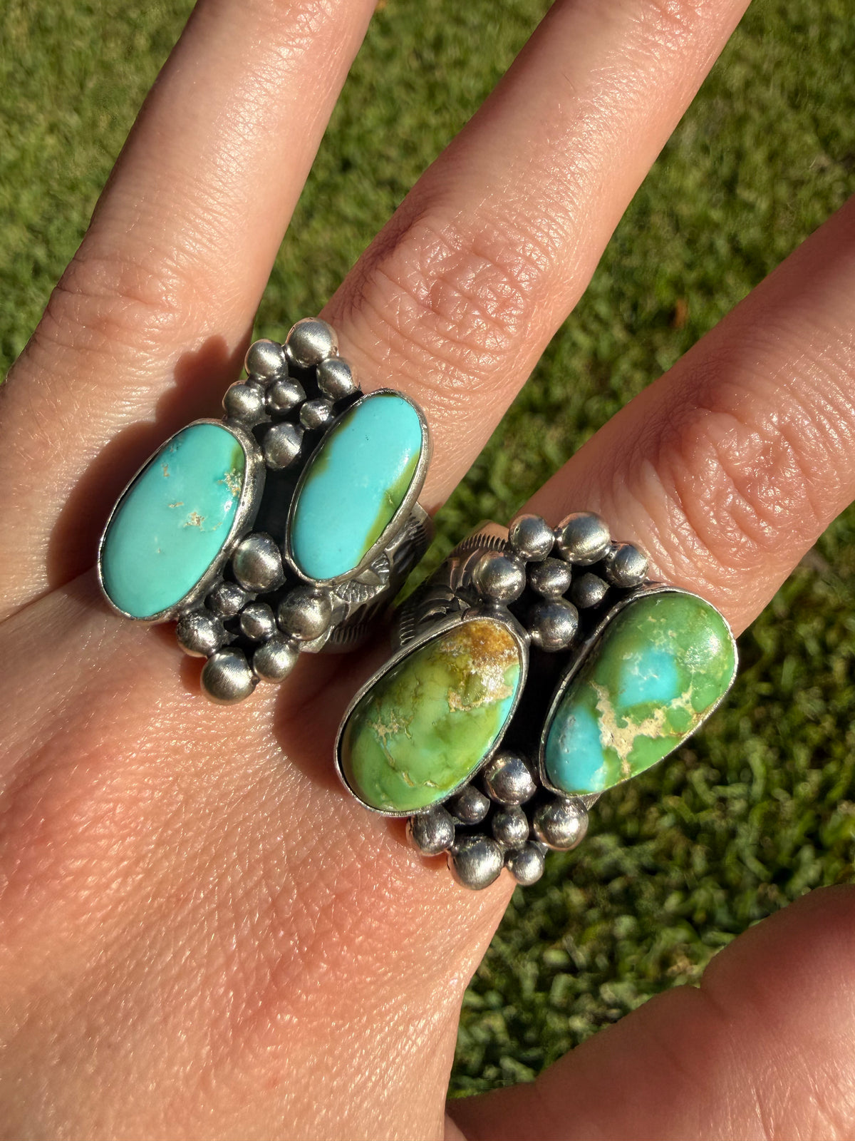 Navajo Sonoran Gold Turquoise Double Stone Ball Work Cluster Ring