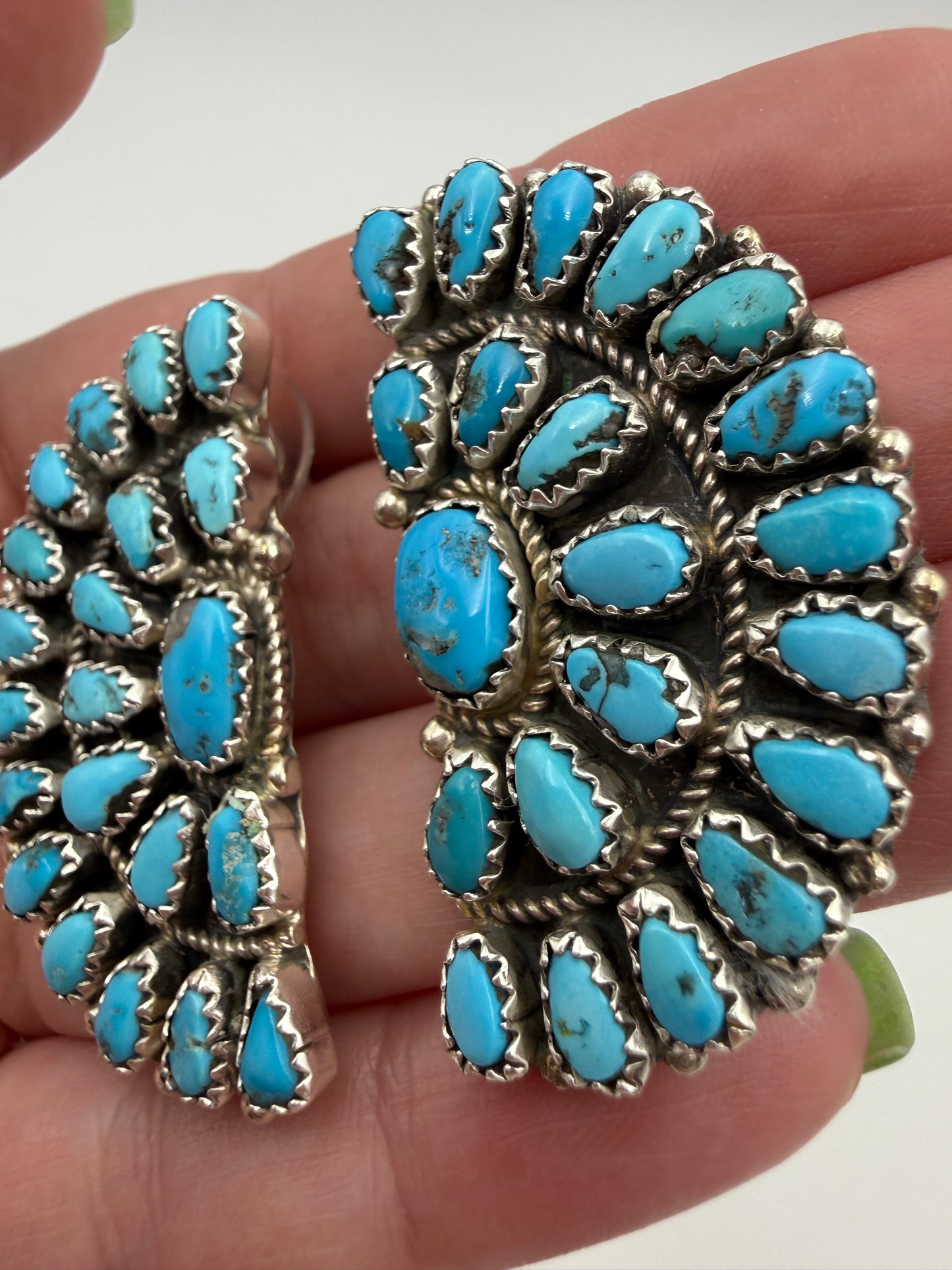 Native Turquoise Huge Half Cluster Sterling Silver Earrings