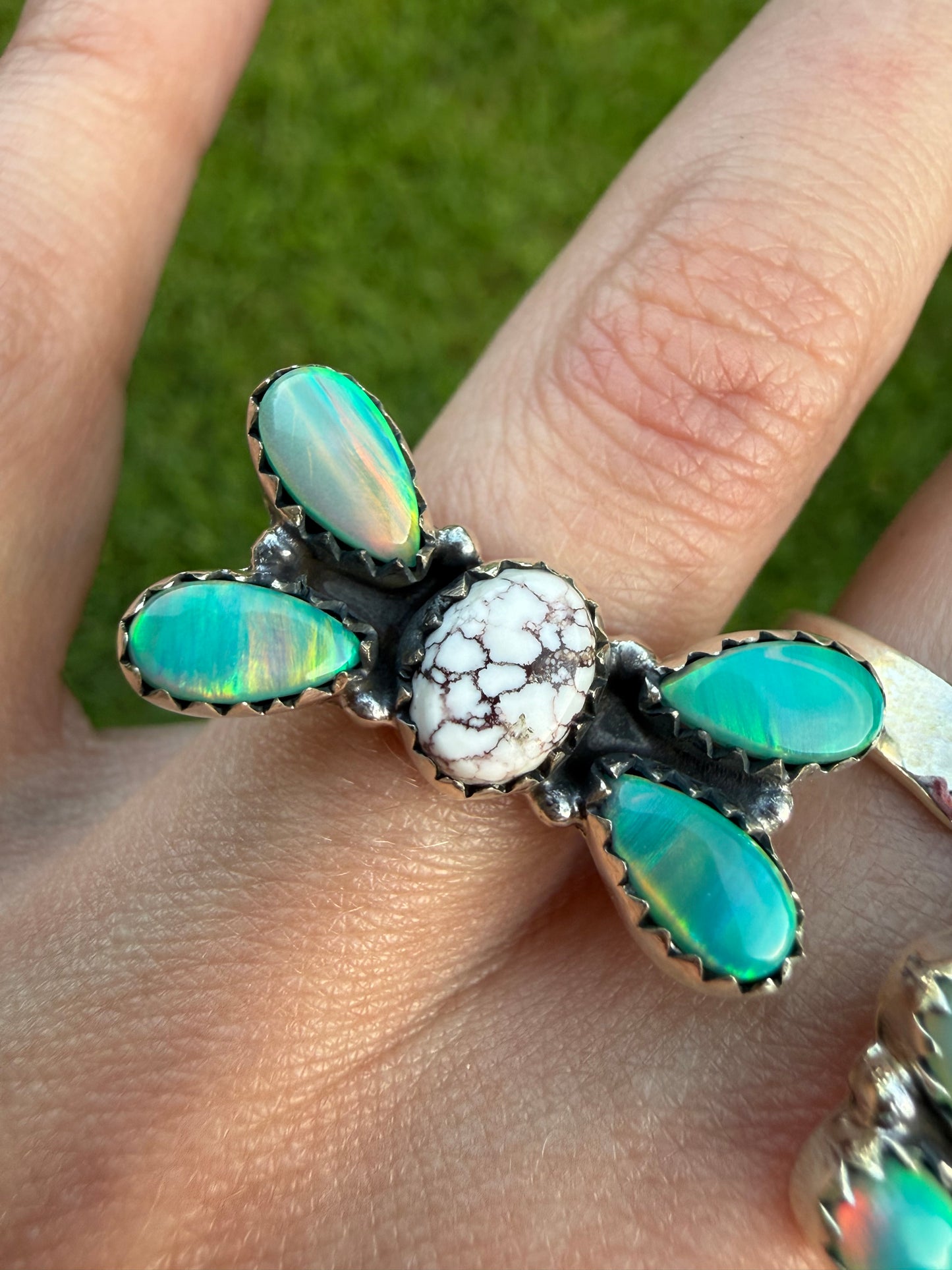 Wild Horse and Green Balloon Opal Sterling Silver Adjustable Rings