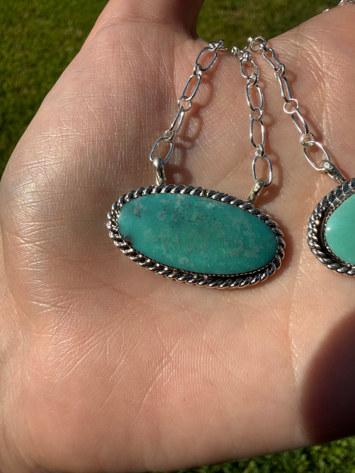 Navajo Classic Turquoise Oval Bar Sterling Silver Necklace