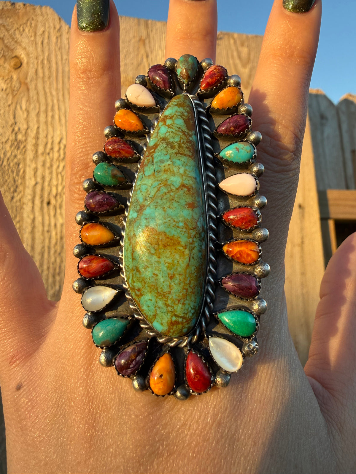 Navajo Multi Color and Turquoise Huge Full Flower Statement Adjustable Sterling Silver Ring
