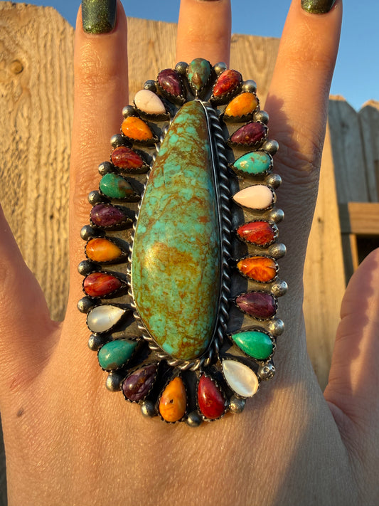 Navajo Multi Color and Turquoise Huge Full Flower Statement Adjustable Sterling Silver Ring