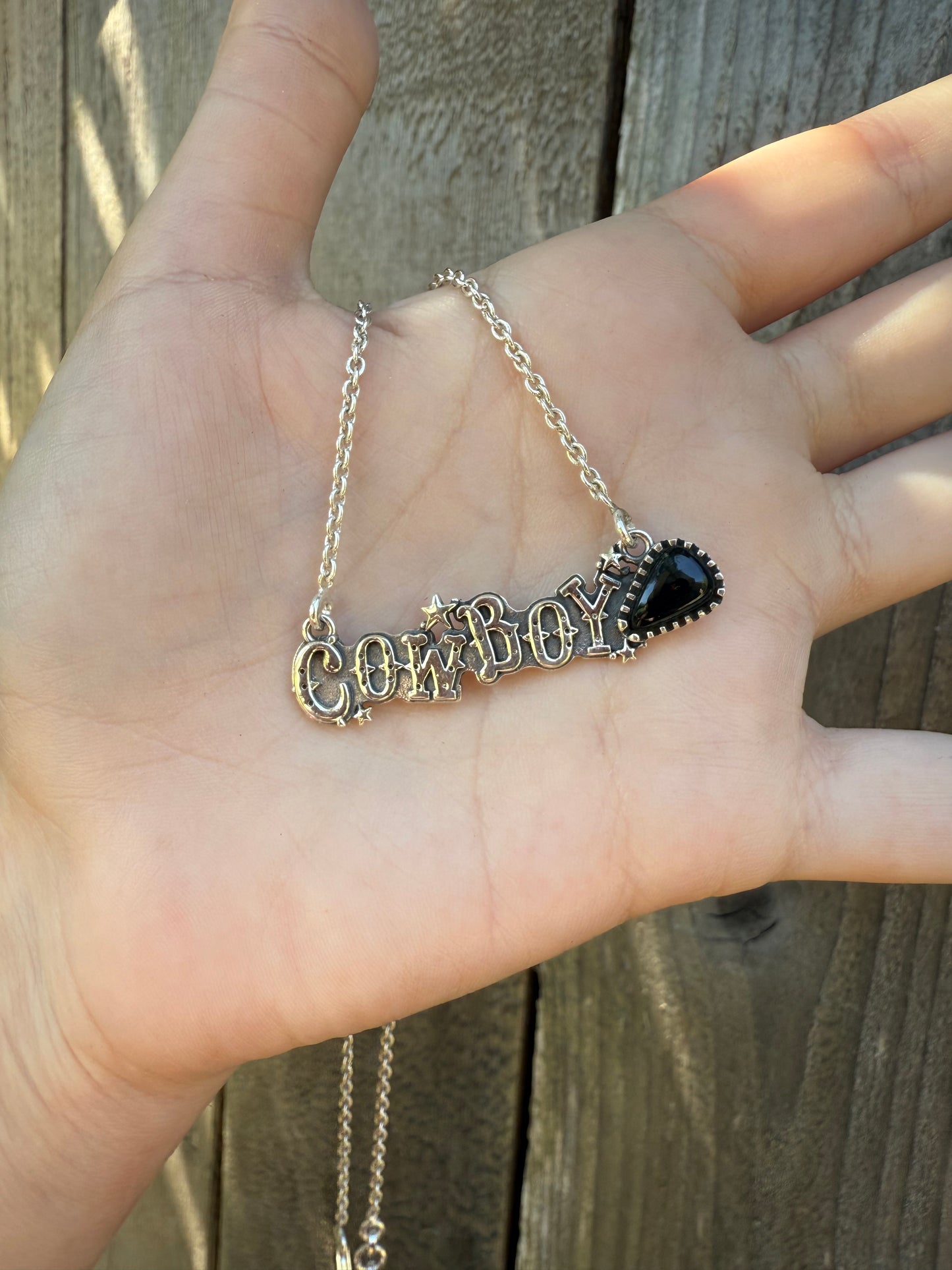 Black Onyx Cowboy Plate Sterling Silver Bar Necklace