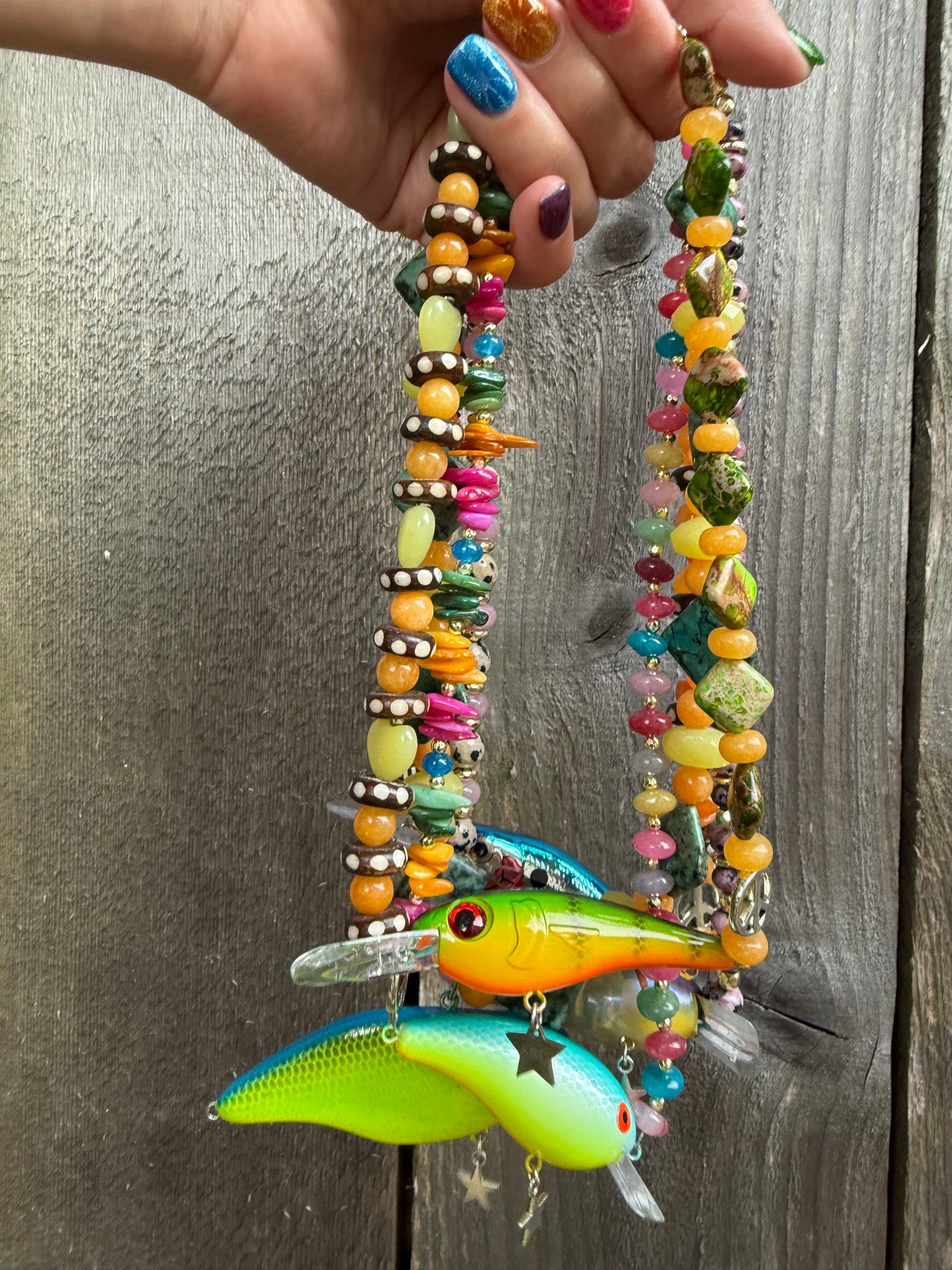 Funky Fun Fish Lure Multi Ston Necklace