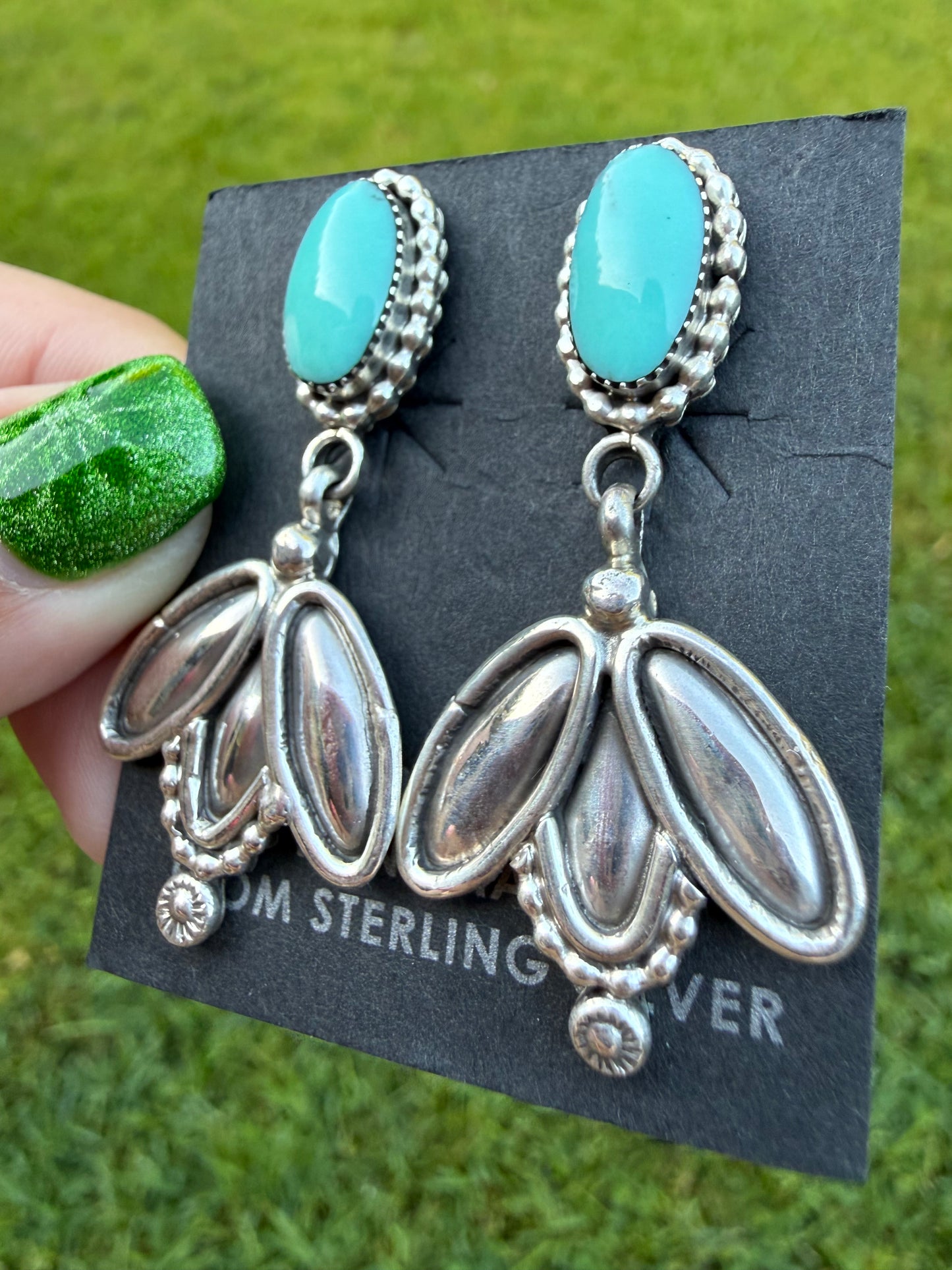 Navajo Turquoise Triple Sterling Silver Oval Drop Earring