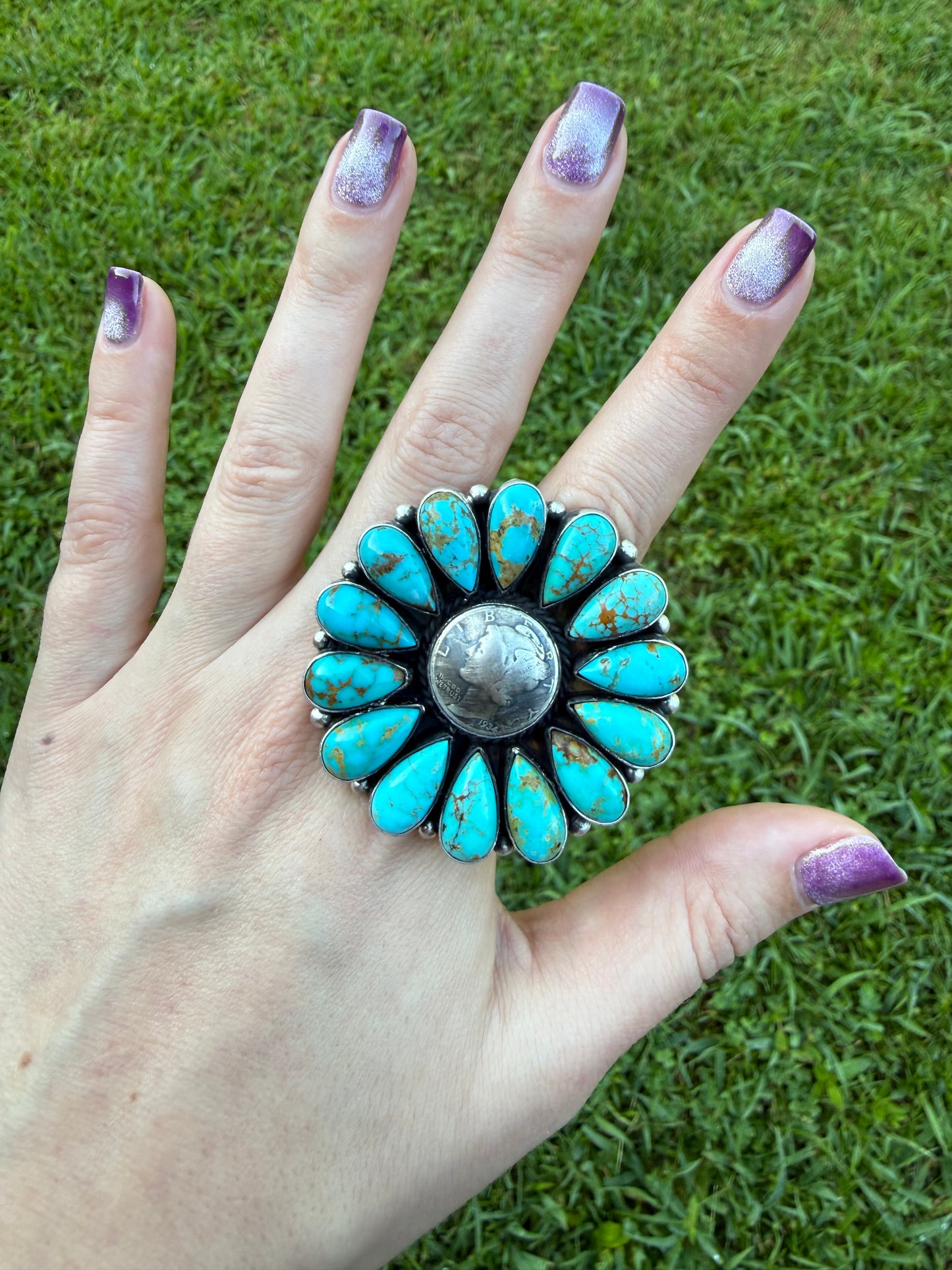 Native Coin Full Flower Kingman Turquoise Sterling Silver Adjustable Ring