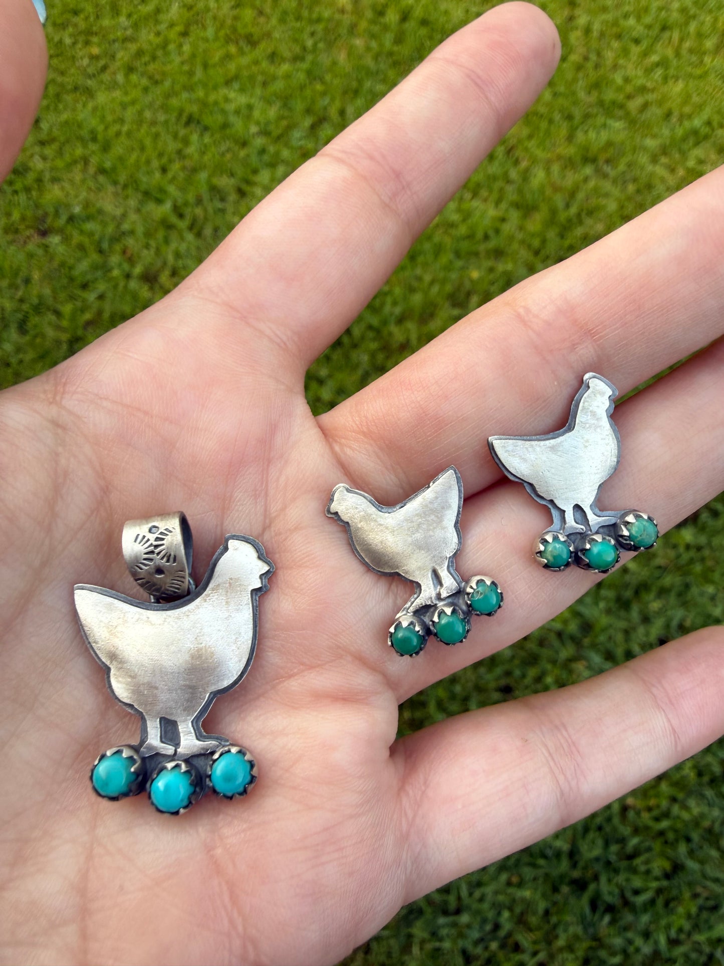 Chicken Turquoise Oxidized Sterling Silver Pendant or Earrings