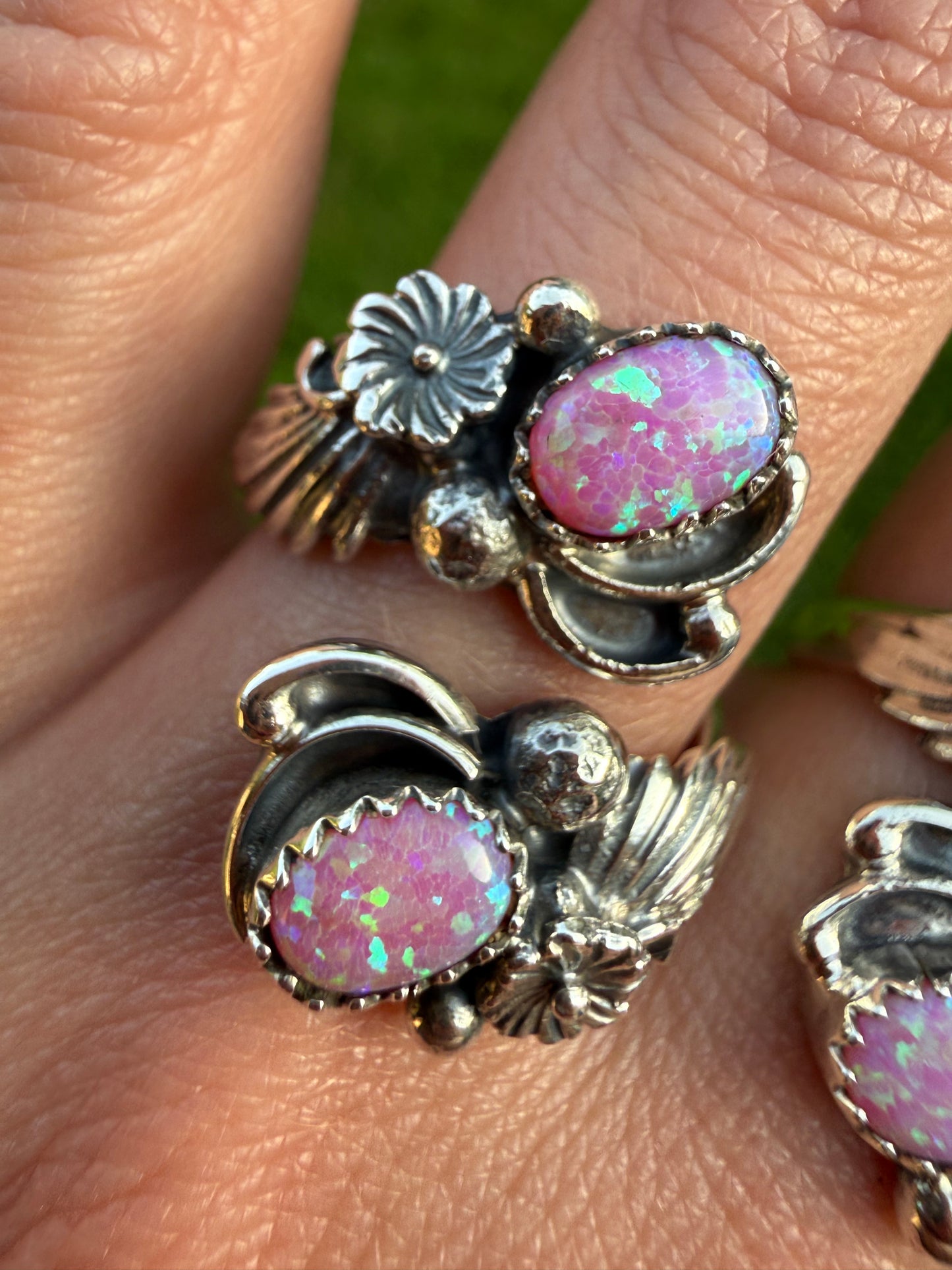 Navajo Pink Balloon Opal Double Stone Flower Accent Sterling Silver Floater Ring