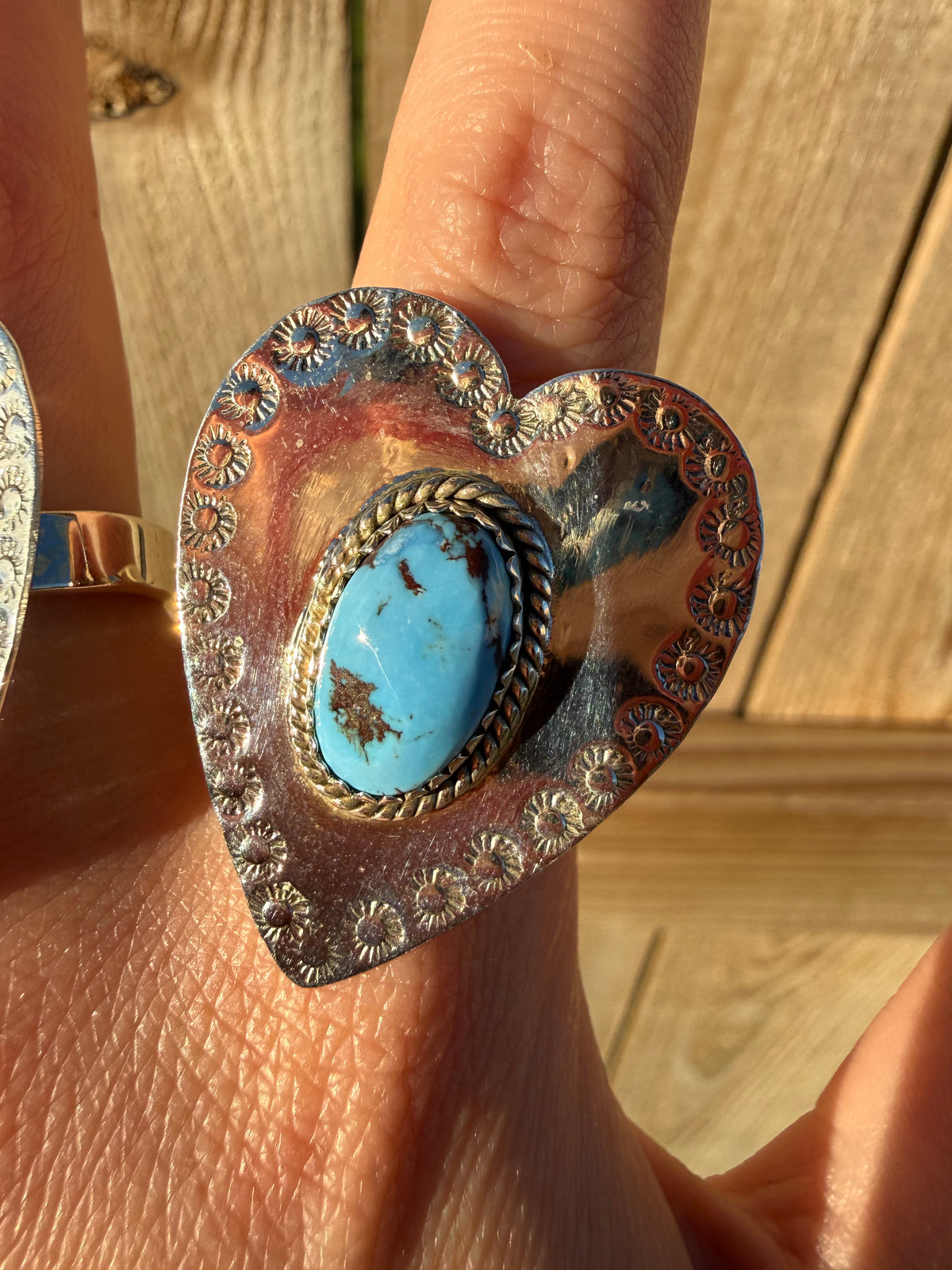 Golden Hills or Kingman Turquoise Bug Heart Sterling Silver Adjustable Ring