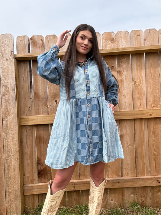 Check Me Out Denim Long Sleeve Button Down Dress