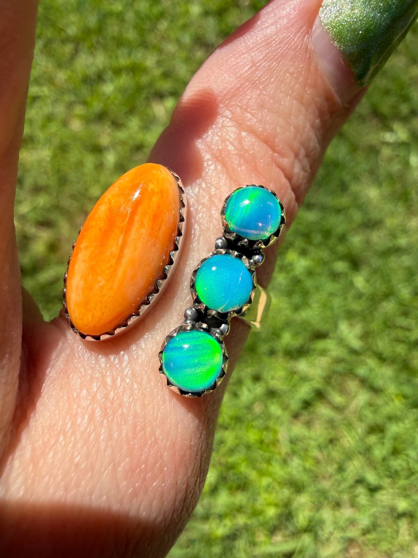 Orange Spiny And Balloon Opal Sterling Silver Rings