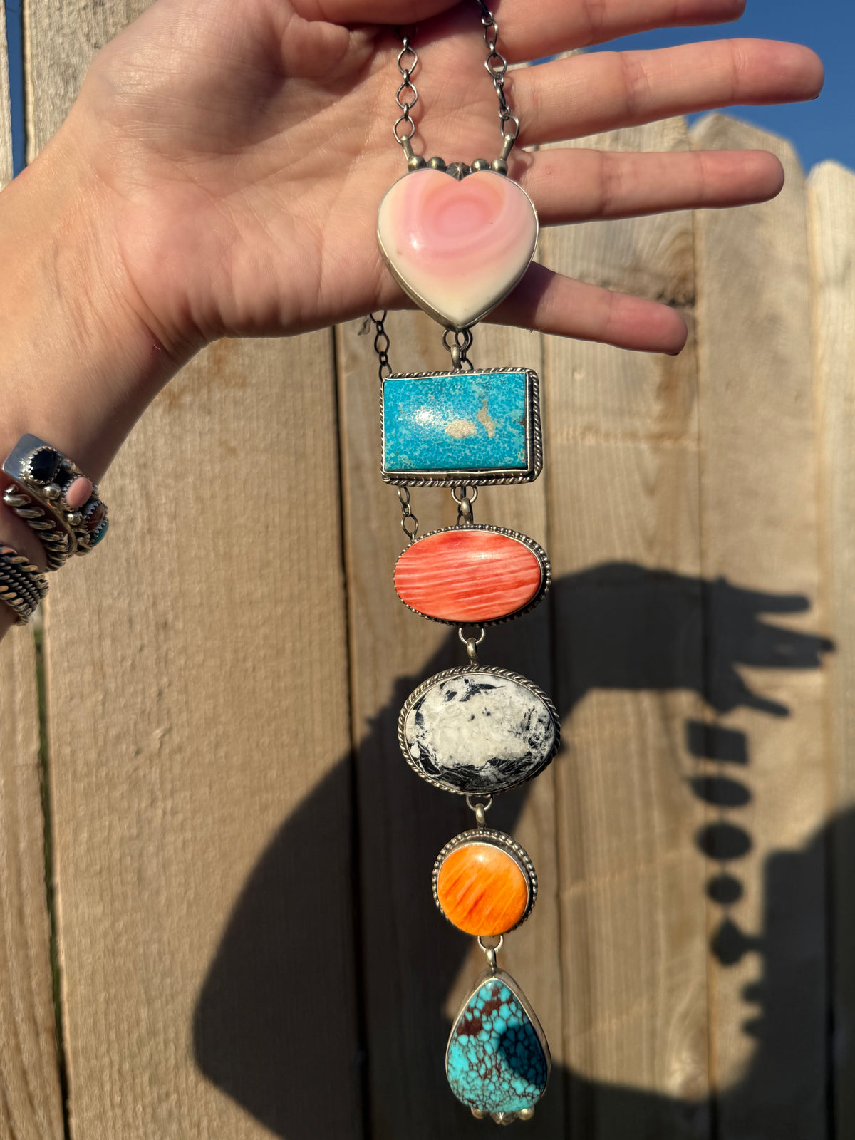 Navajo Big Statement Multi Stone Sterling Silver Lariat Necklace by Vicky Hicks