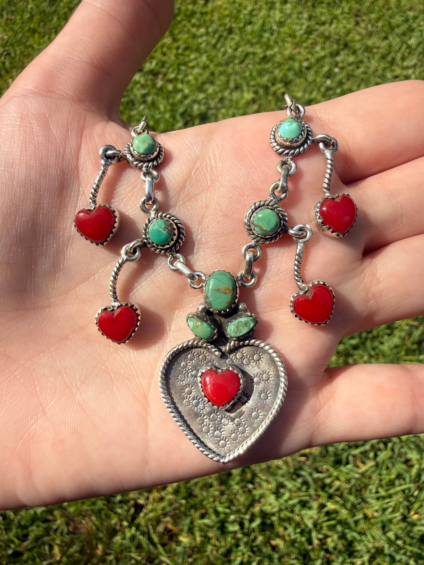 Kingman Turquoise and Red Rosarita Cherry Statement Sterling Silver Necklace