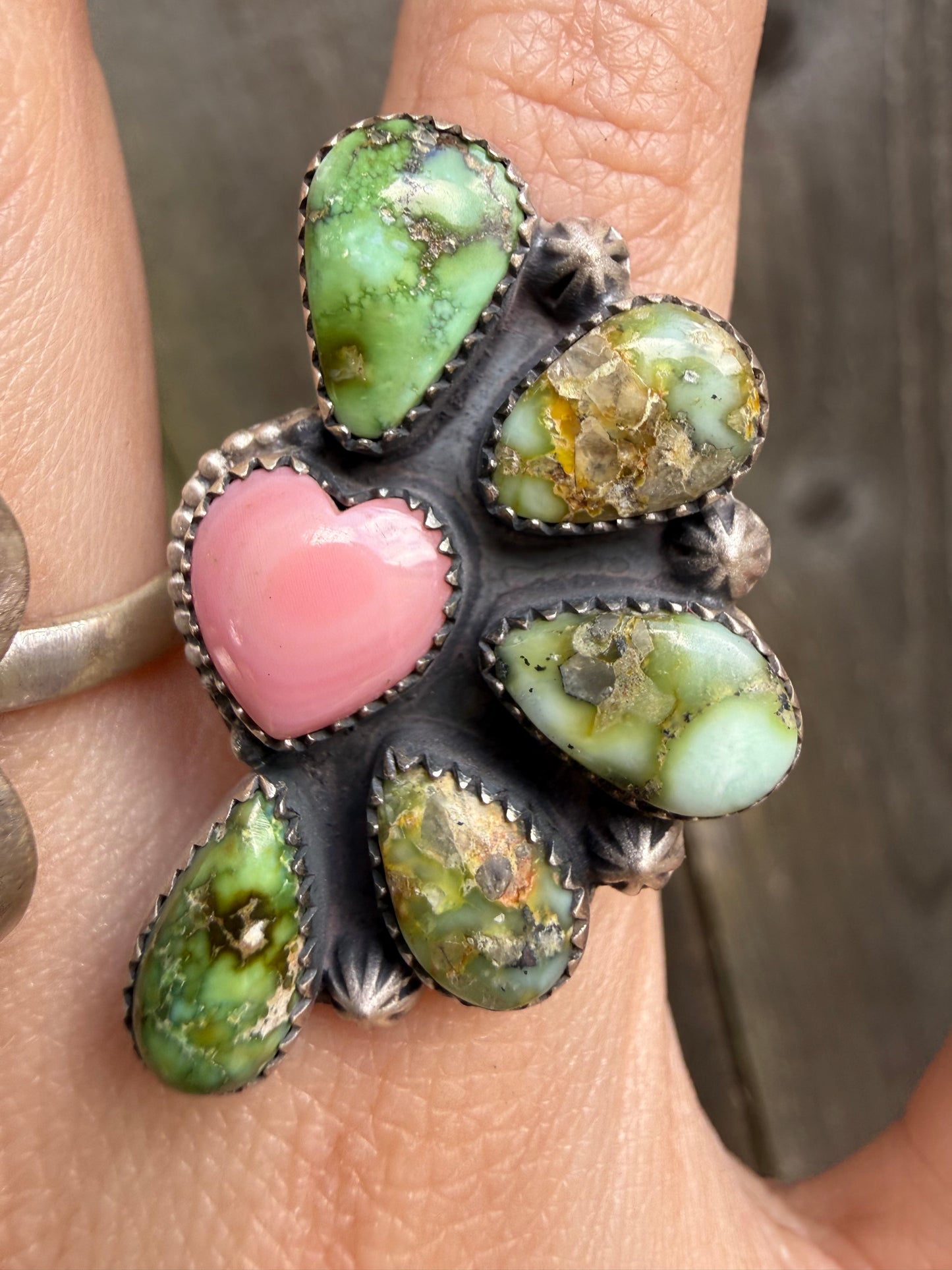 Pink Conch Multi Stone Half Cluster Sterling Silver Adjustable Ring