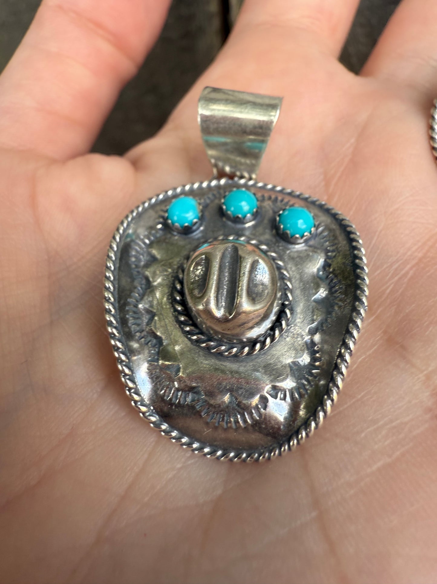 Navajo Turquoise Cowboy Hat Sterling Silver Pendant or Ring