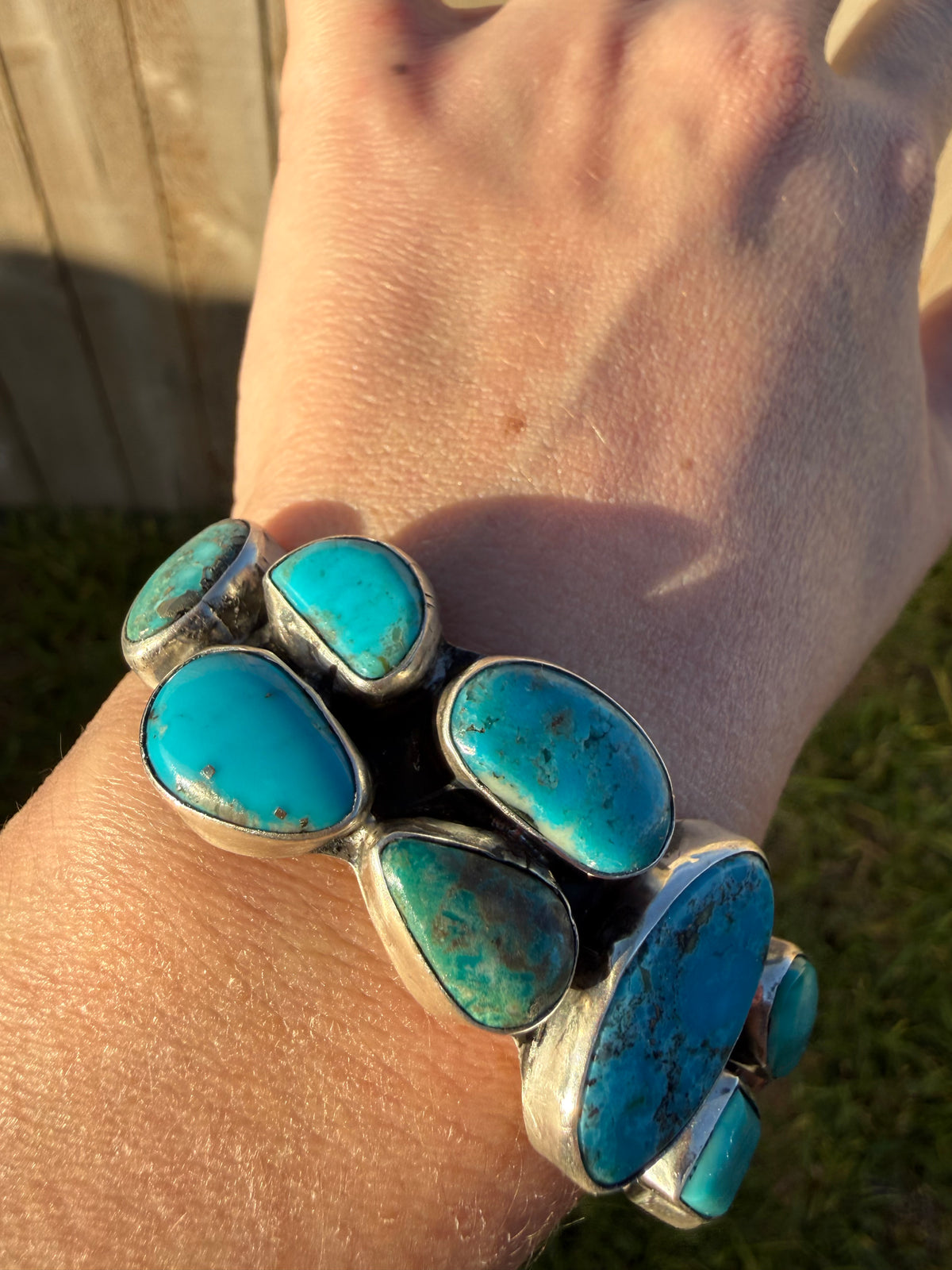 Navajo Turquoise Natural Stone Cluster Cuff Sterling Silver Bracelet