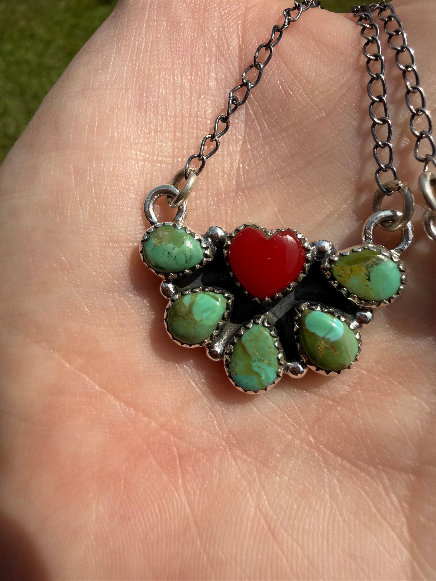Kingman Turquoise and Red Rosarita Half Cluster Heart Necklace