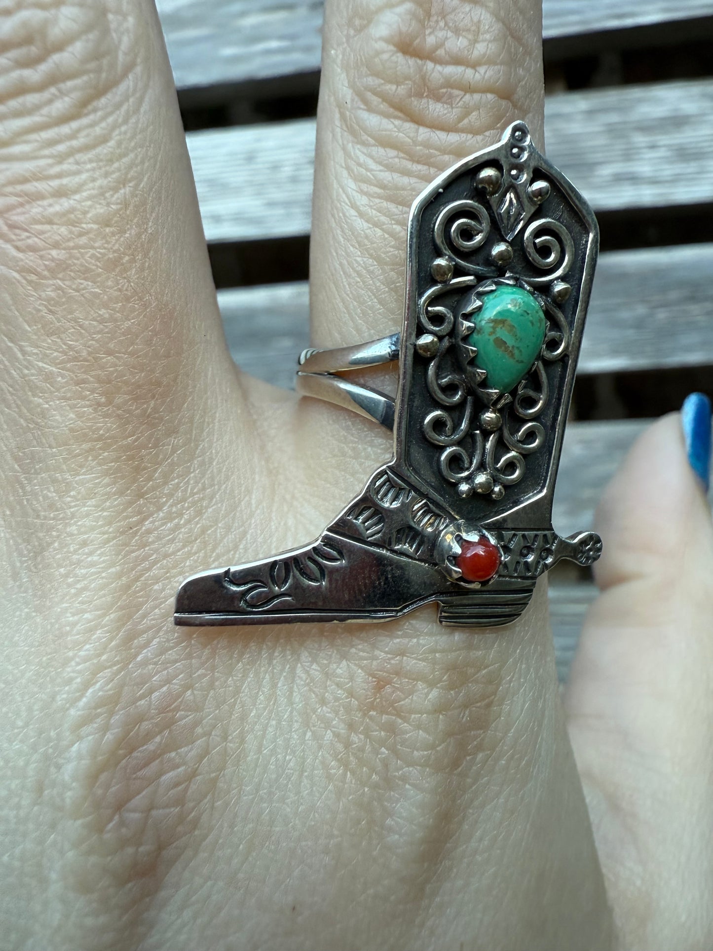 Turquoise and Coral Cowboy Boot Sterling Silver Ring - Size 9