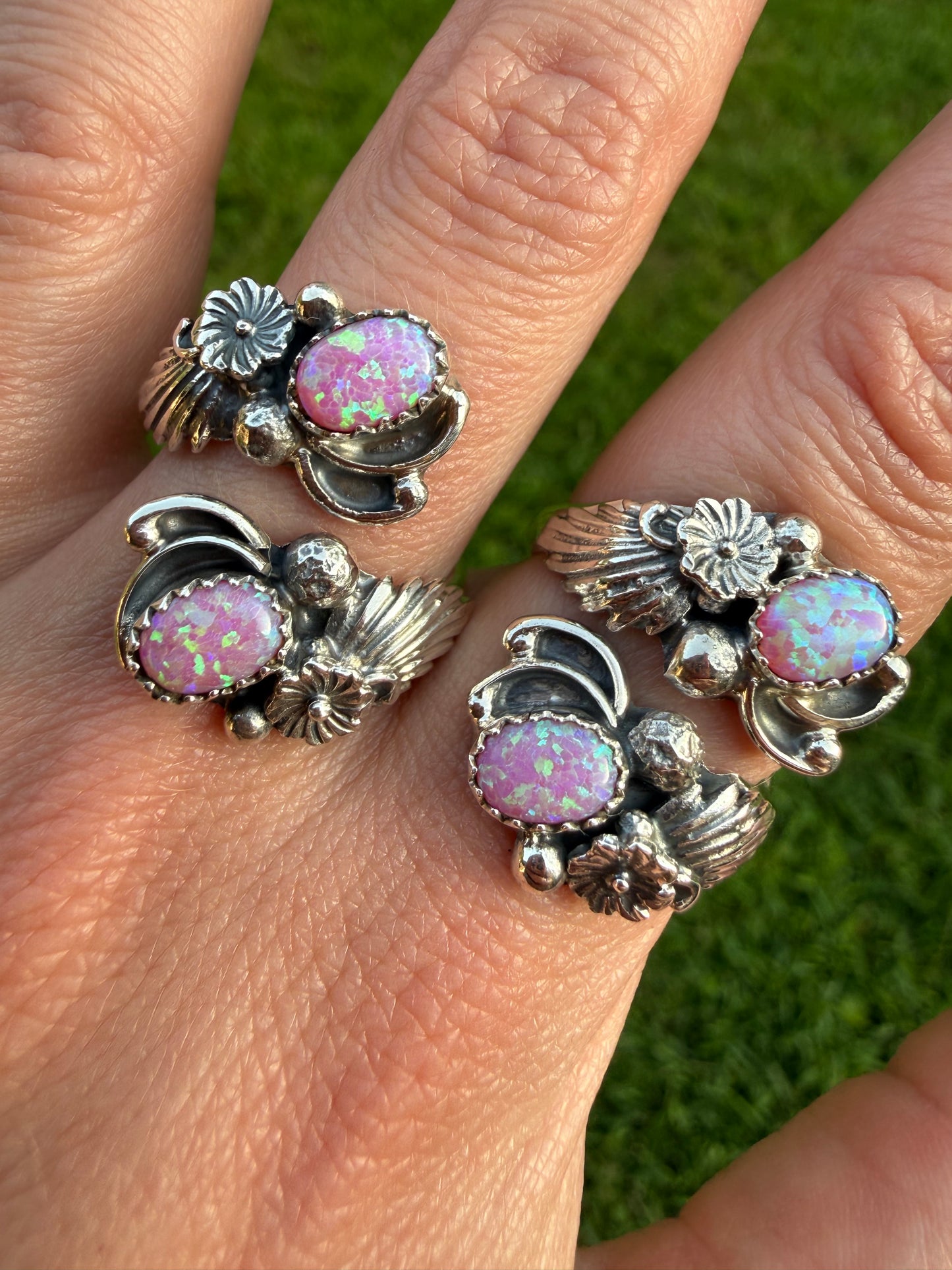 Navajo Pink Balloon Opal Double Stone Flower Accent Sterling Silver Floater Ring