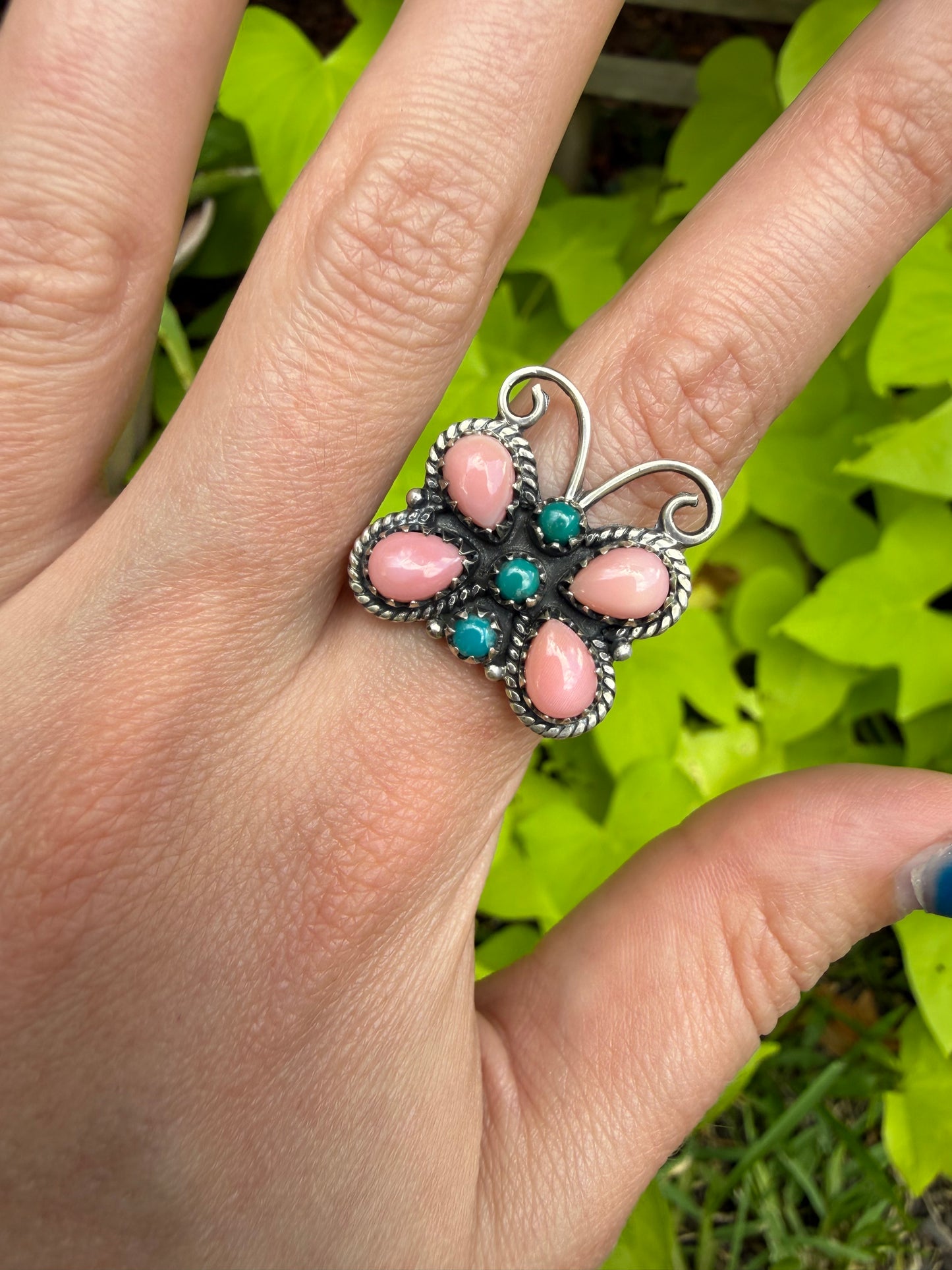 Pink Conch And Turquoise Butterfly Sterling Silver Ring