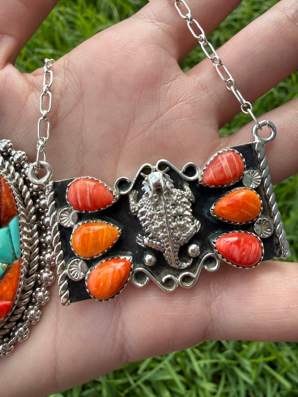 Navajo Horny Toad Orange Spiny Bar Sterling Silver Necklace