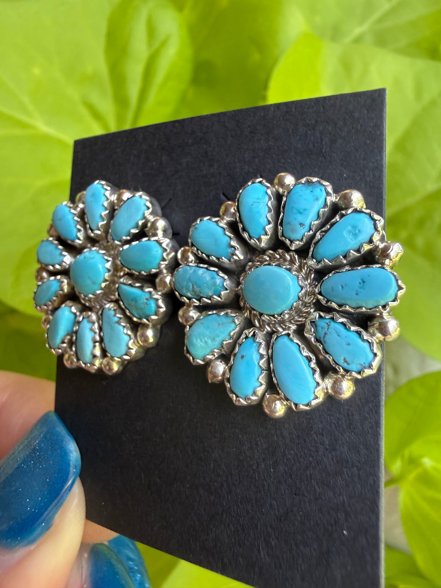 Navajo Turquoise Full Flower Cluster Sterling Silver Earrings